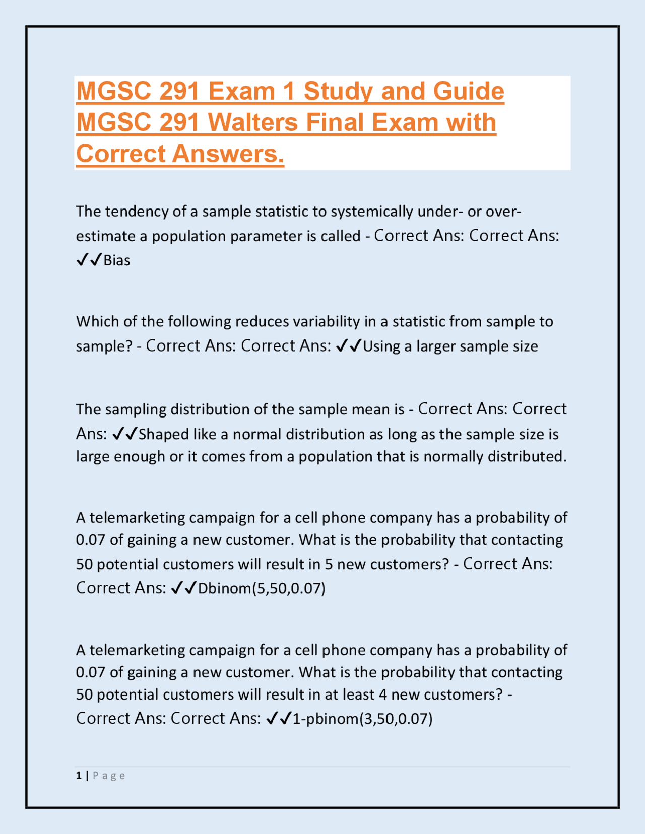 MGSC 291 Exam 1 Study and Guide MGSC 291 Walters Final Exam with ...