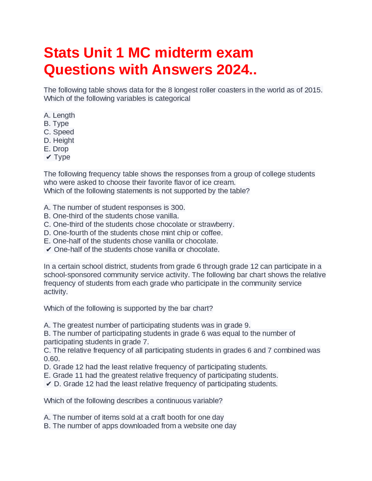 Stats Unit 1 MC midterm exam Questions with Answers 2024.. | Exams ...