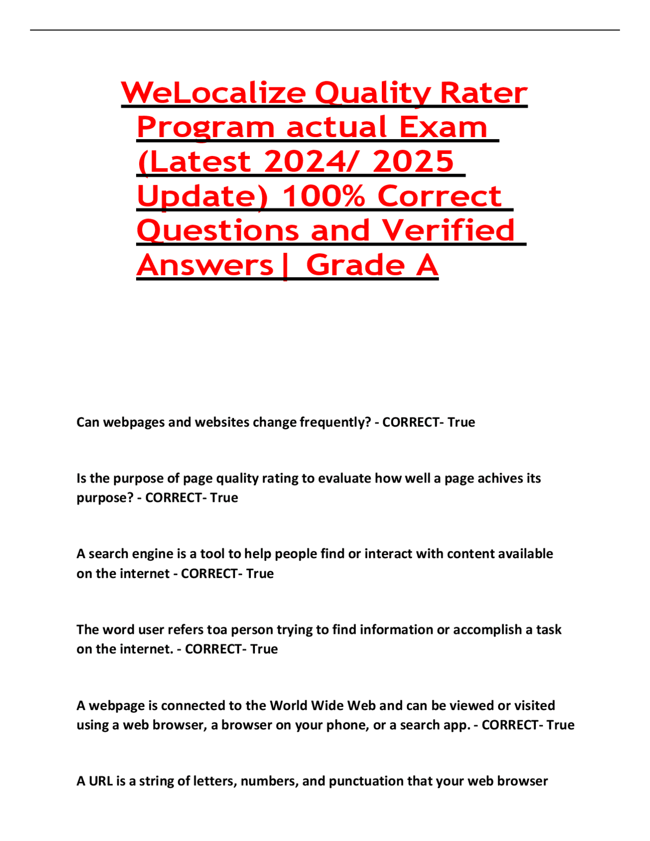 Welocalize Search Quality Rater Example WeLocalize Quality Rater Program actual Exam Latest 2024-2025 Update ...