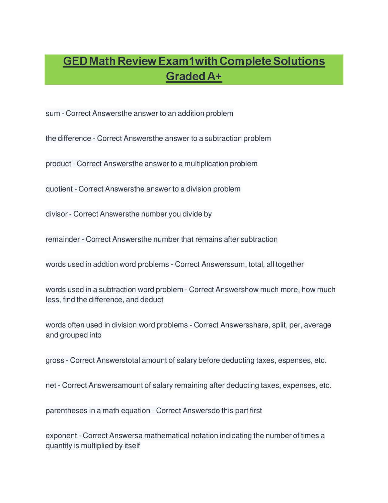 GED Math Review Exam1with Complete Solutions Graded A+ | Exams ...