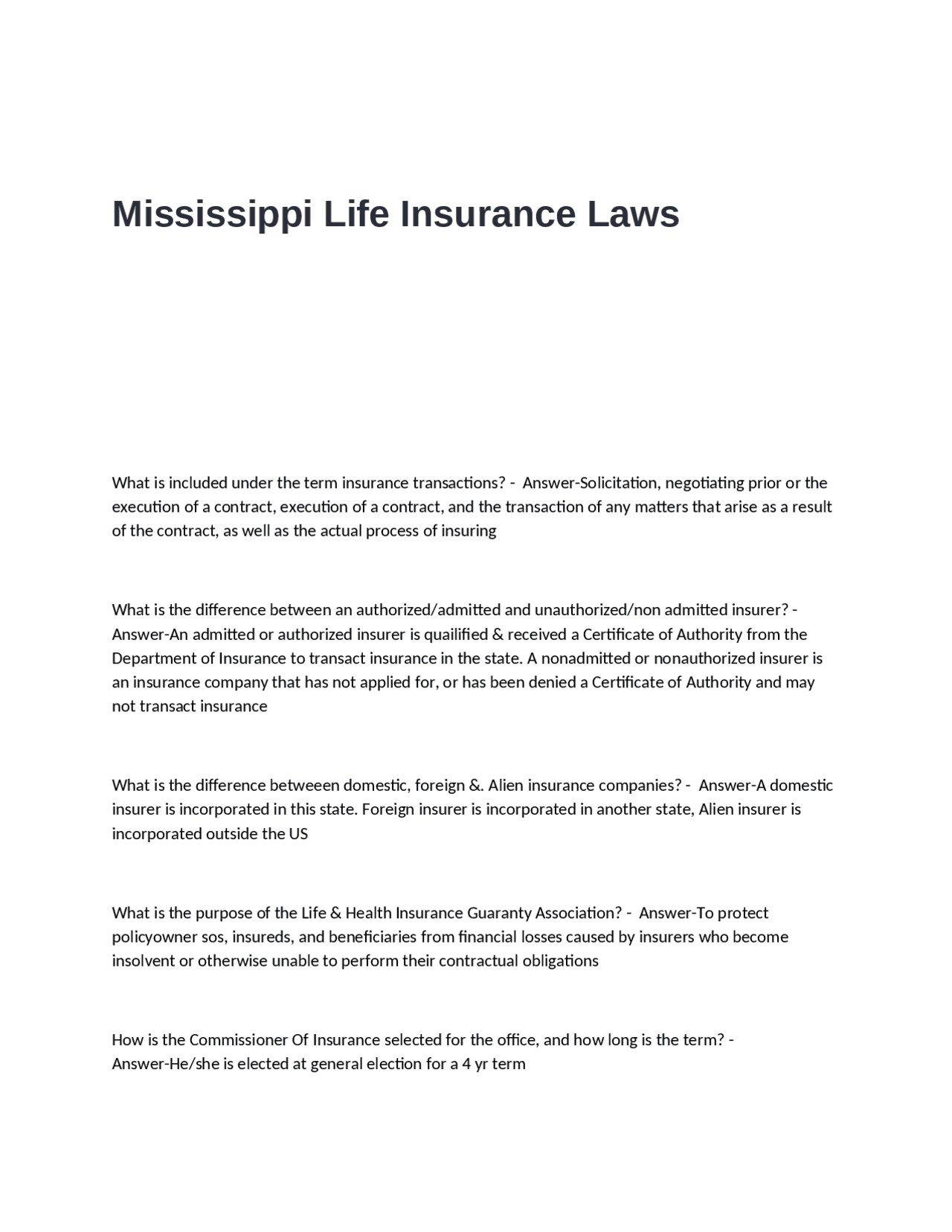 Mississippi Life Insurance Laws Exam Questions with Correct Answers | Exams Nursing | Docsity