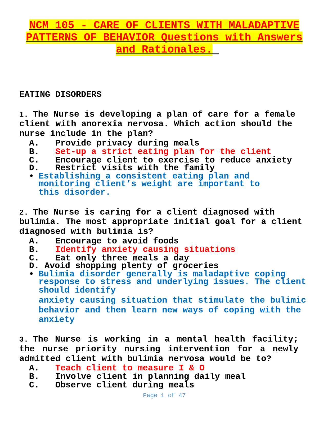NCM 105 - CARE OF CLIENTS WITH MALADAPTIVE PATTERNS OF BEHAVIOR ...