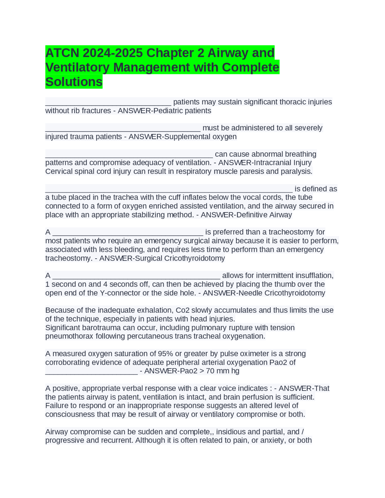 ATCN 2024-2025 Chapter 2 Airway and Ventilatory | Exams Nursing | Docsity