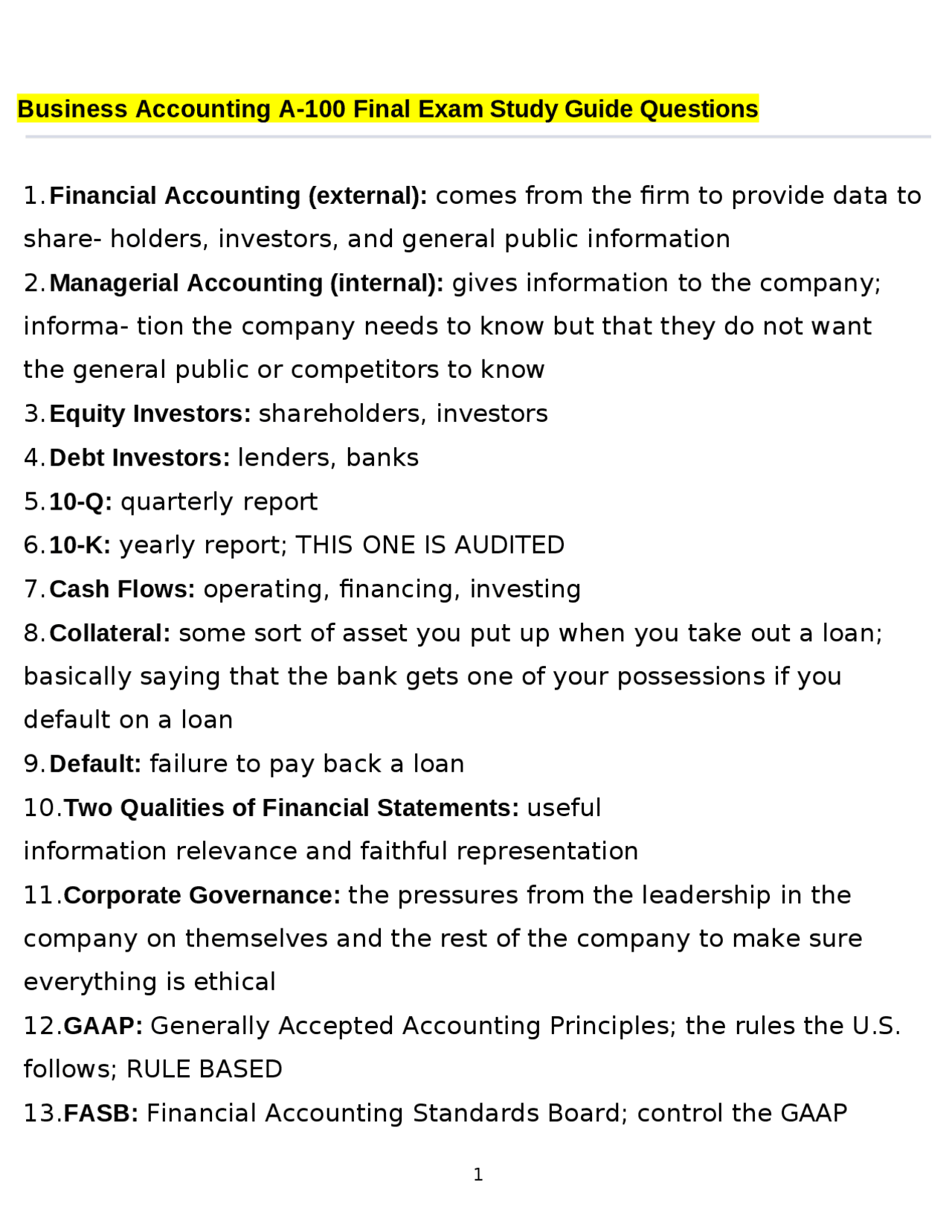 Business Accounting A-100 Final Exam Study Guide Questions | Exams ...