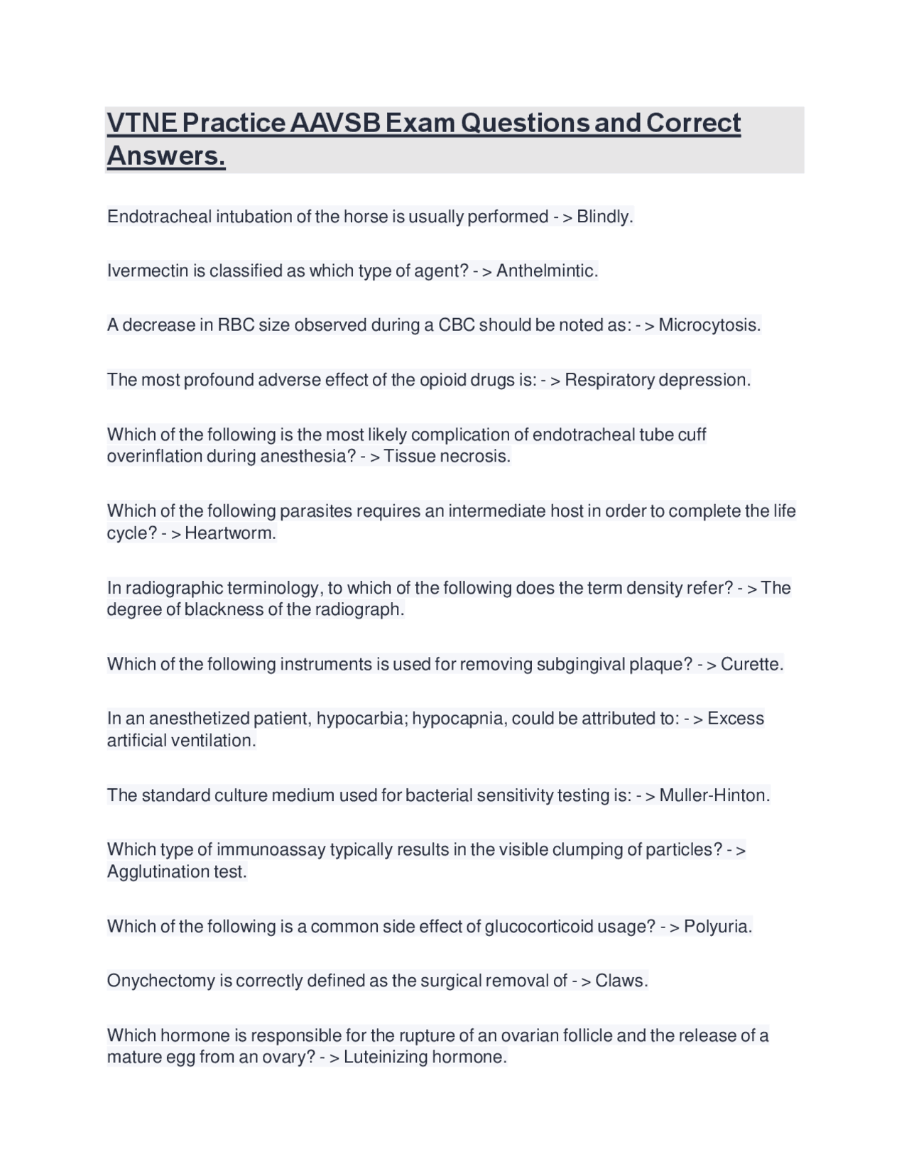 VTNE Practice AAVSB Exam Questions and Correct Answers. | Exams ...