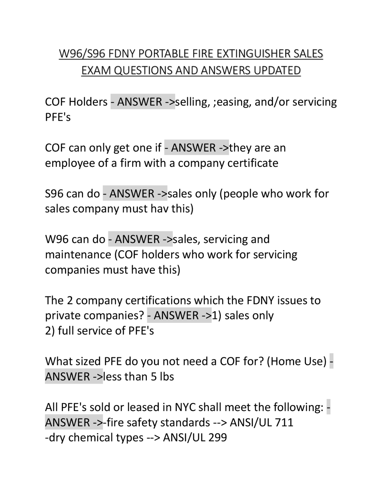 W96 S96 Fdny Portable Fire Extinguisher Sales Exam Questions And