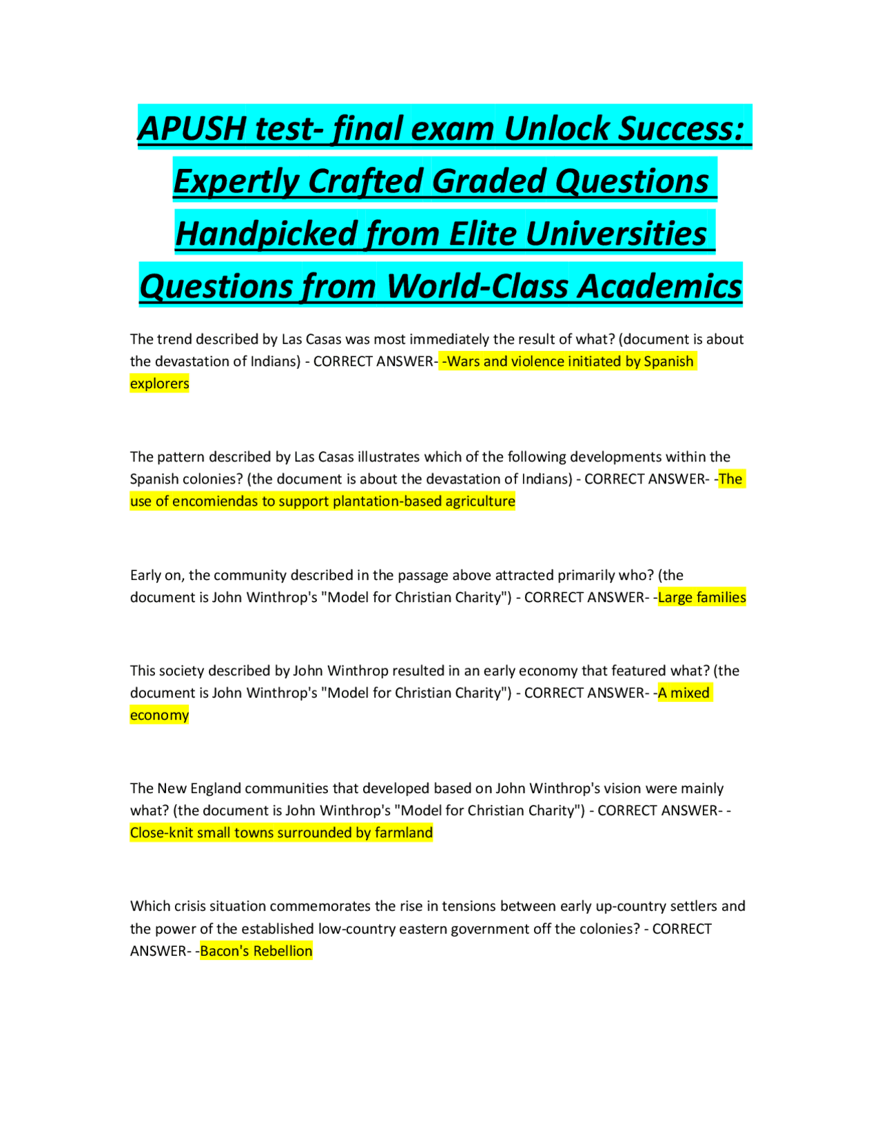 APUSH Test – Final Exam Comprehensive Study Guide, Practice Questions ...