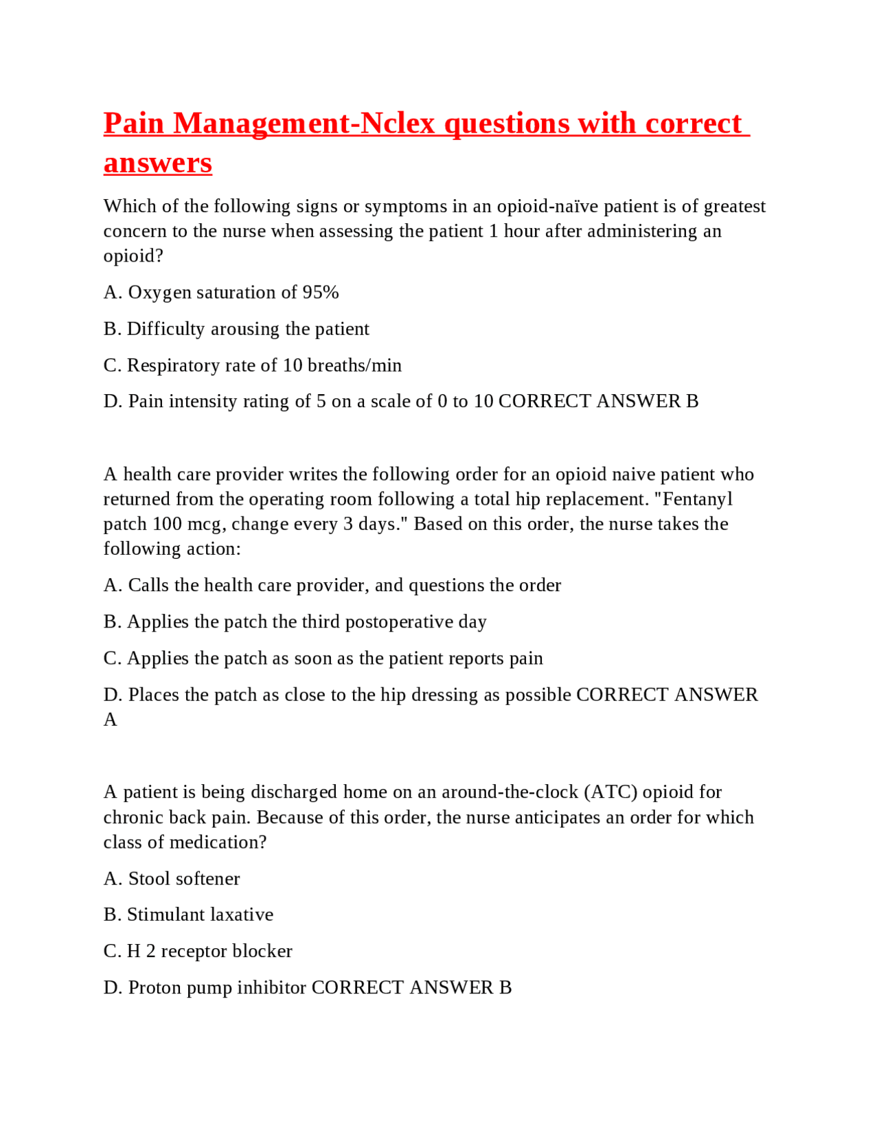 Pain Management-Nclex questions with correct answers | Exams Nursing ...