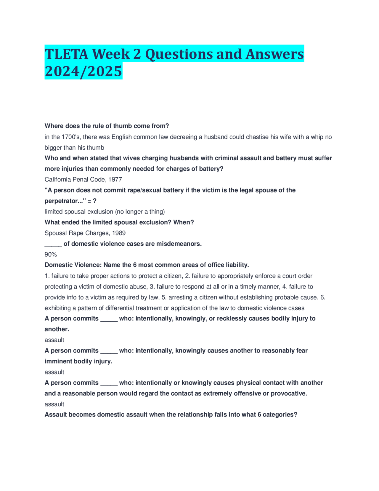 TLETA Week 2 Questions and Answers 2024/2025 | Exams Law | Docsity