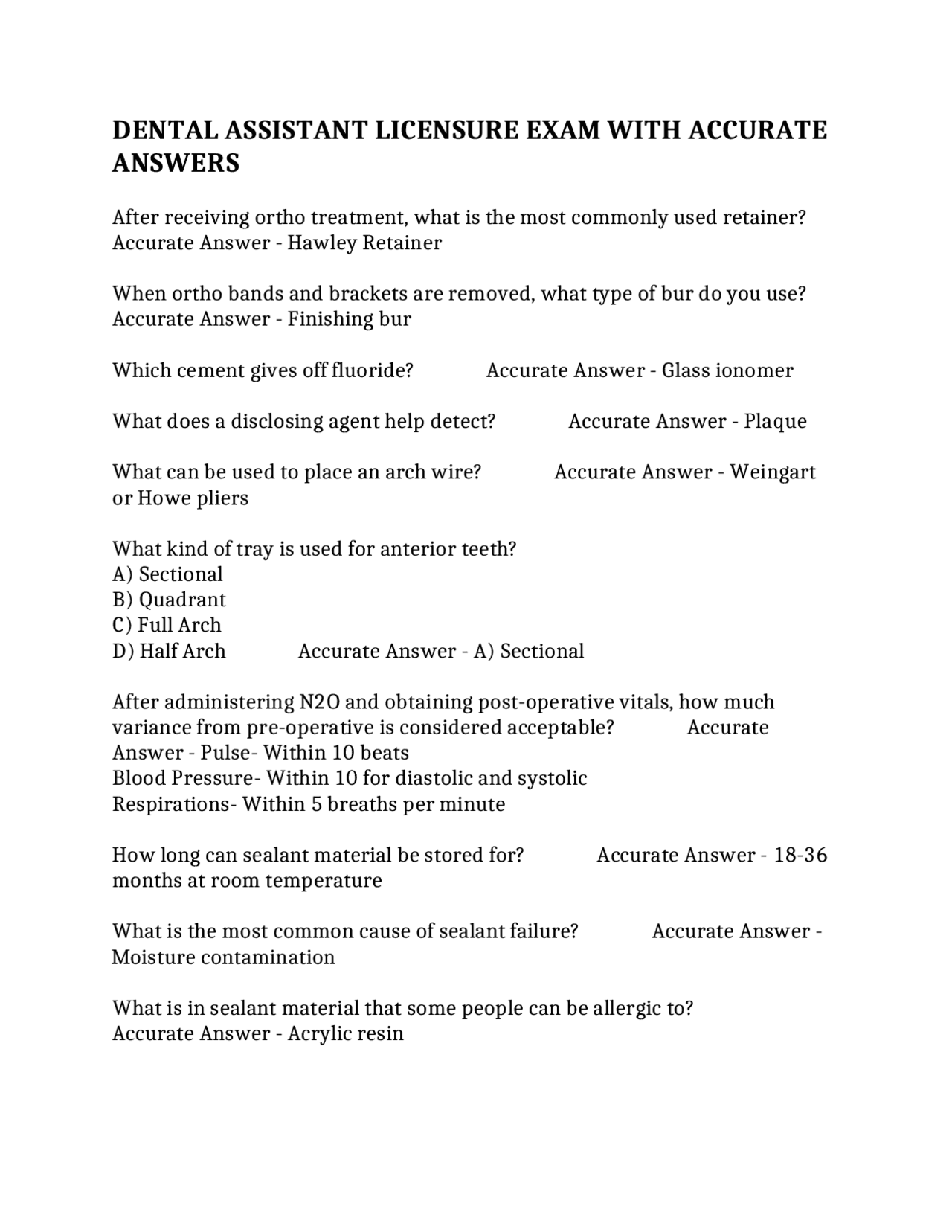 DENTAL ASSISTANT LICENSURE EXAM WITH ACCURATE ANSWERS | Exams Public ...