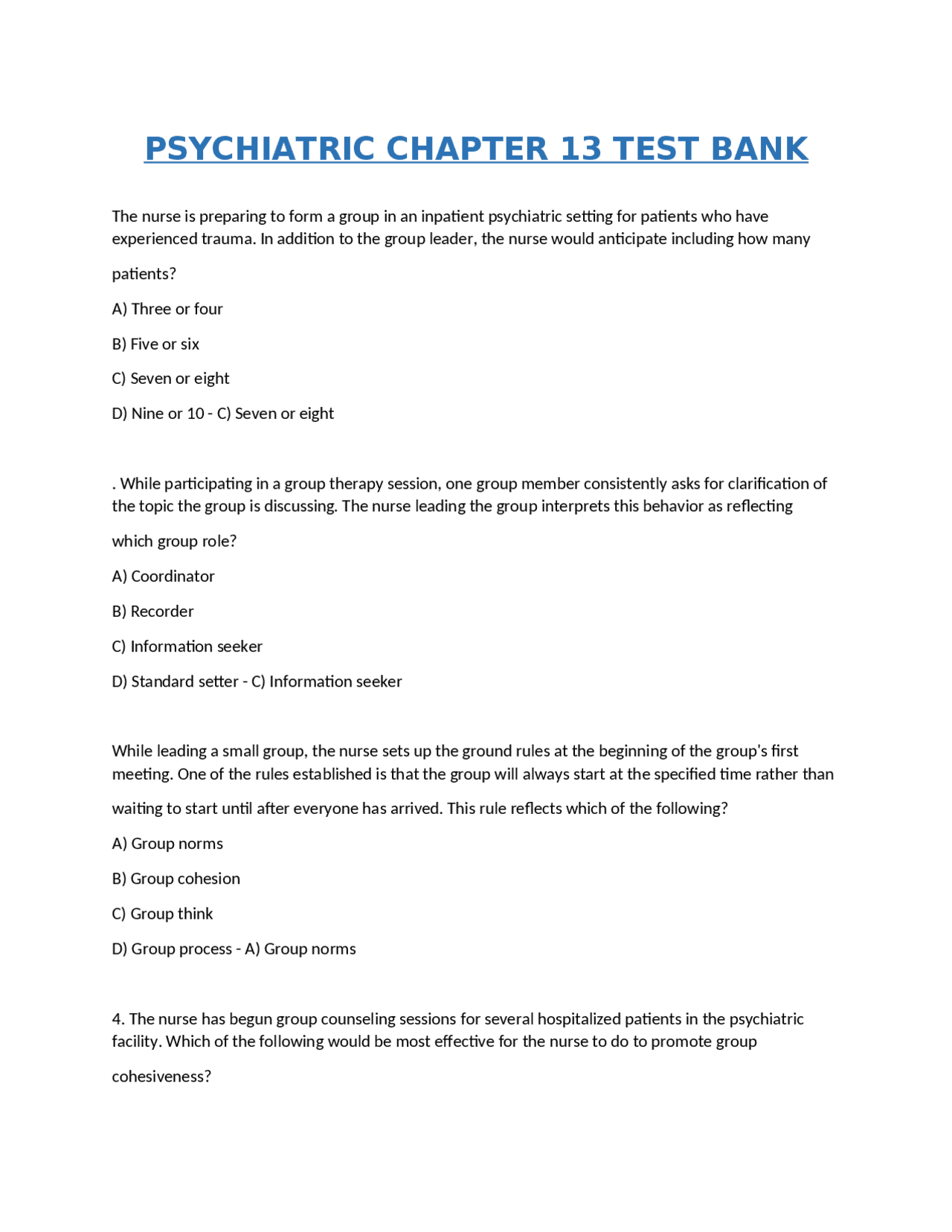 PSYCHIATRIC CHAPTER 13 TEST BANK | Exams Advanced Education | Docsity
