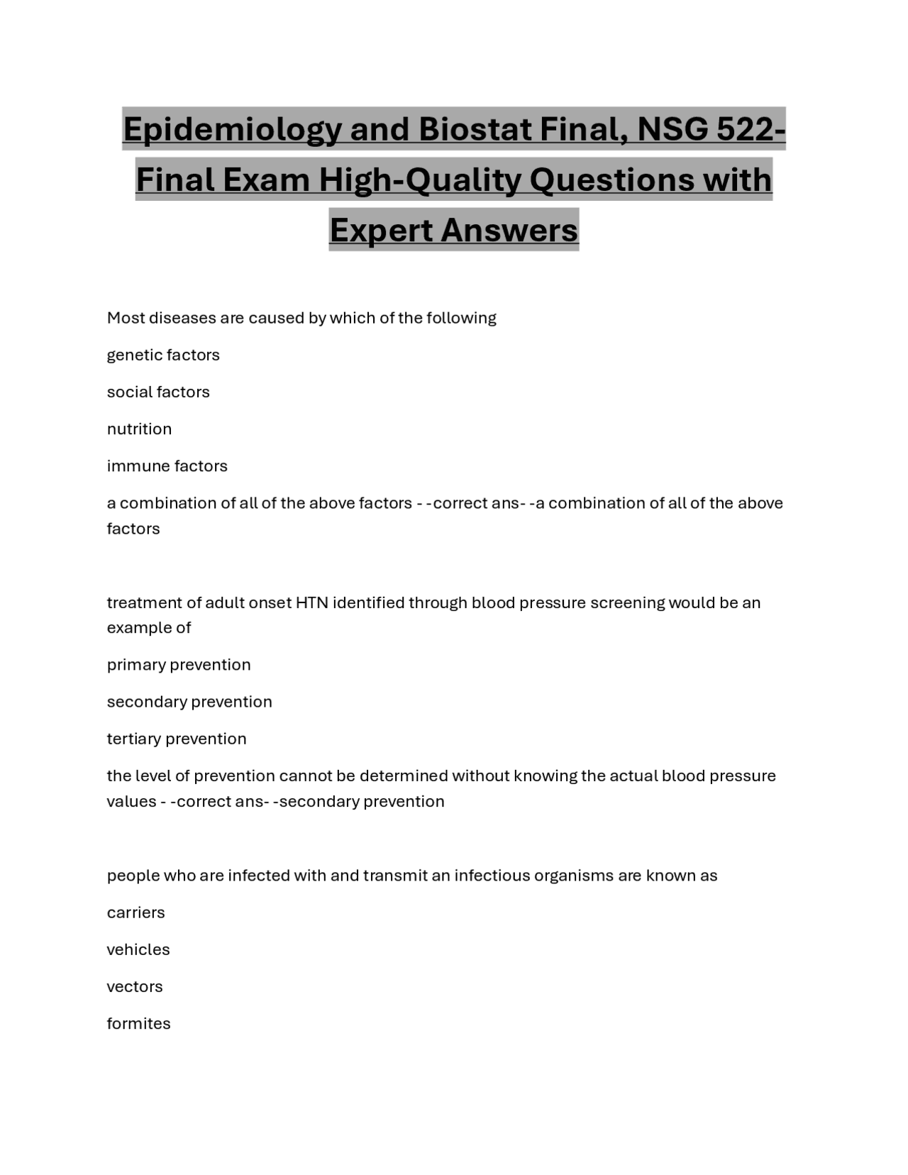 Epidemiology and Biostatistics Final Exam Questions and Answers | Exams ...