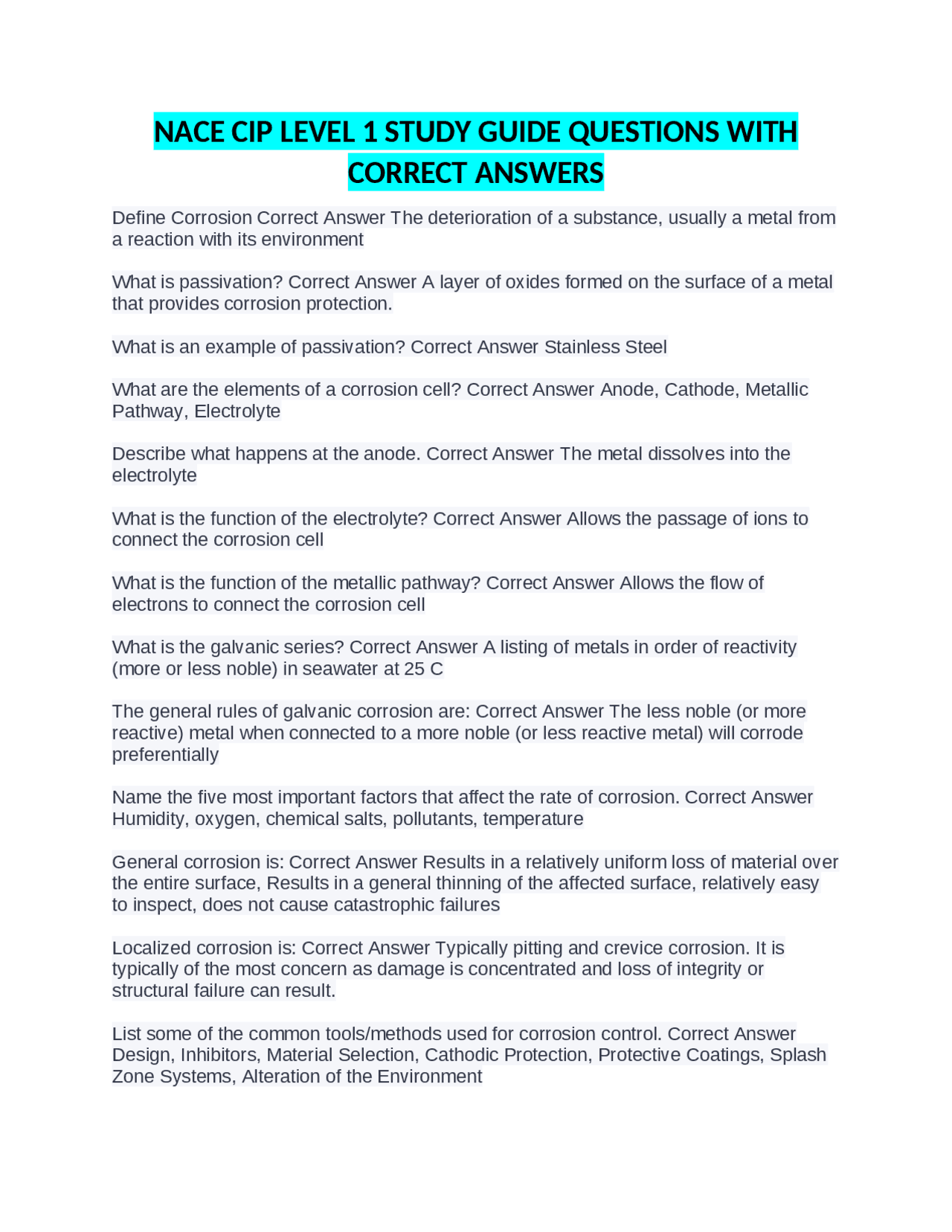 NACE CIP LEVEL 1 STUDY GUIDE QUESTIONS WITH CORRECT ANSWERS | Exams Law ...