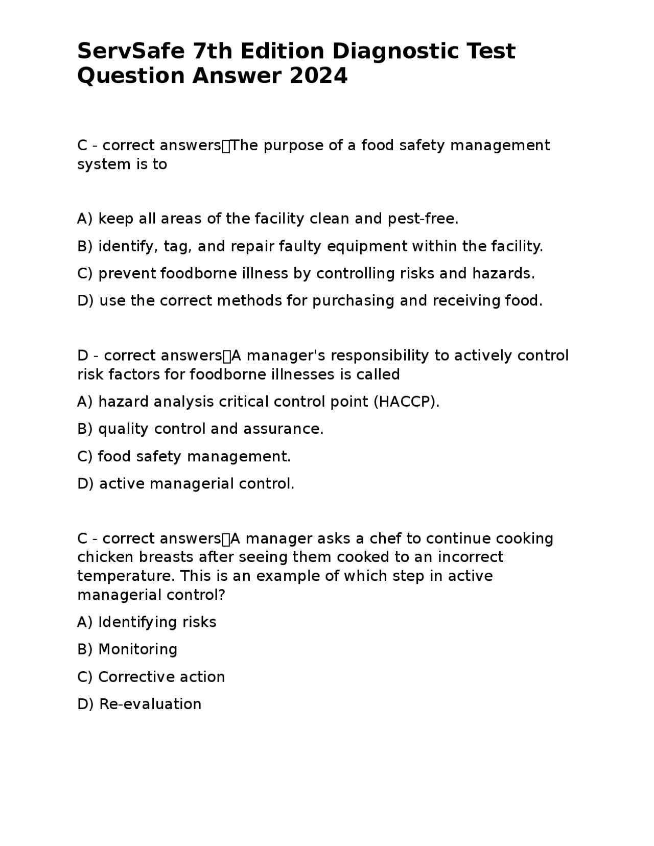 ServSafe 7th Edition Diagnostic Test Question Answer 2024 | Exams ...