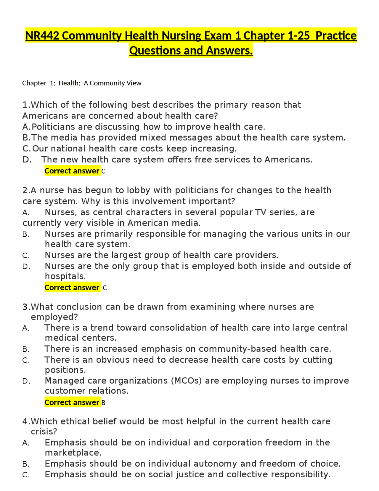 NR442 Community Health Nursing Exam 1 Chapter 1-25 Practice Questions ...