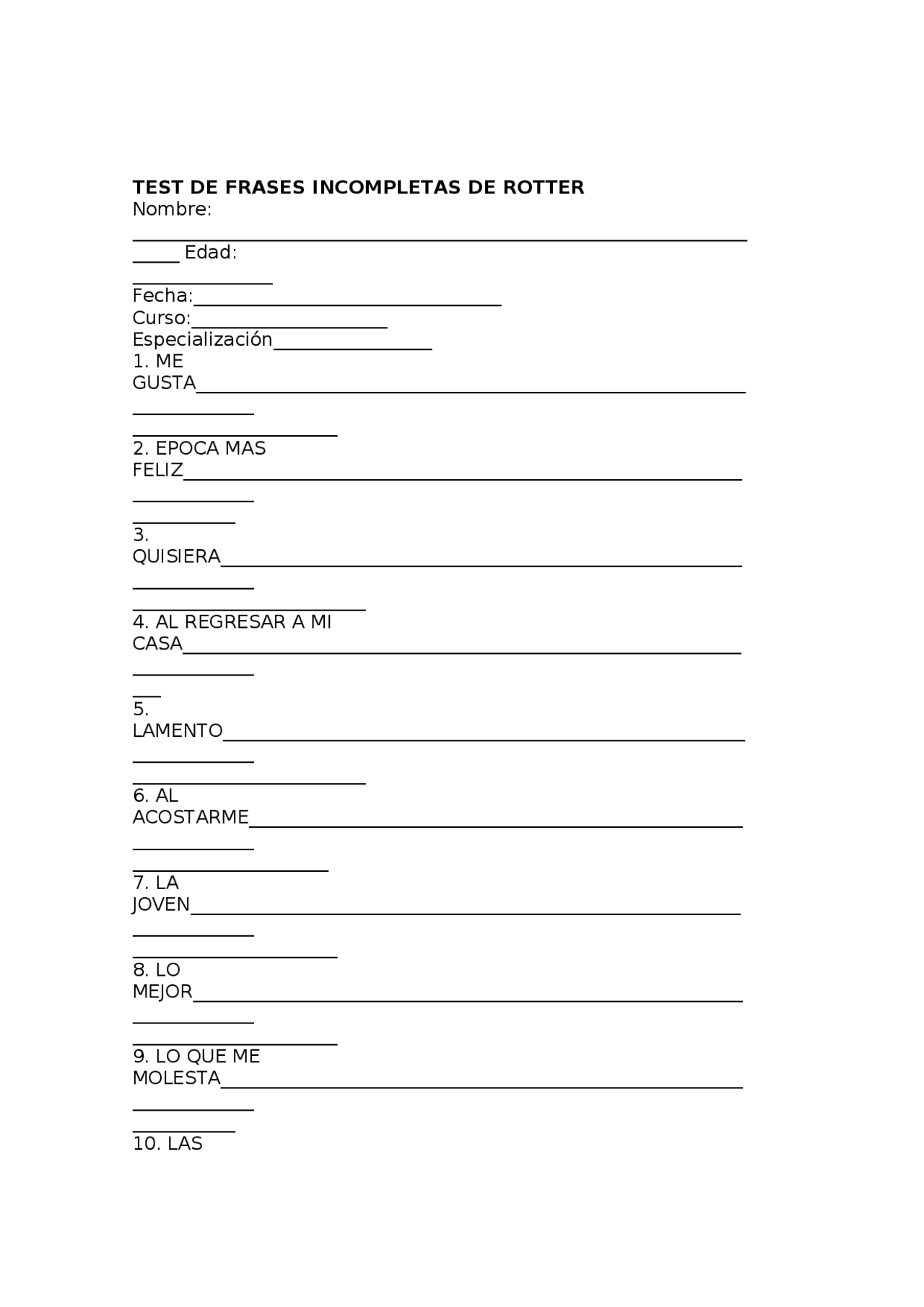 TEST DE ROTTER PROTOCOLO | Lecture notes Psychology | Docsity
