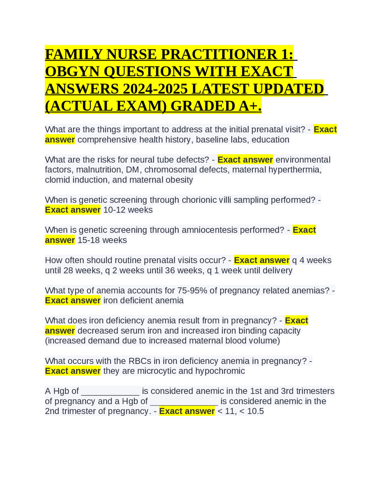 FAMILY NURSE PRACTITIONER 1: OBGYN QUESTIONS WITH EXACT ANSWERS 2024 ...