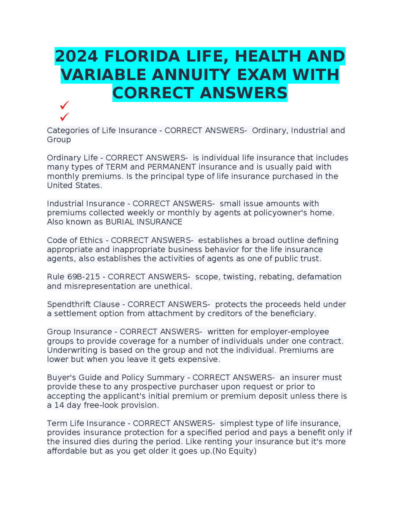 Florida Annuity Example 2024 FLORIDA LIFE, HEALTH AND VARIABLE ANNUITY EXAM WITH CORRECT ...