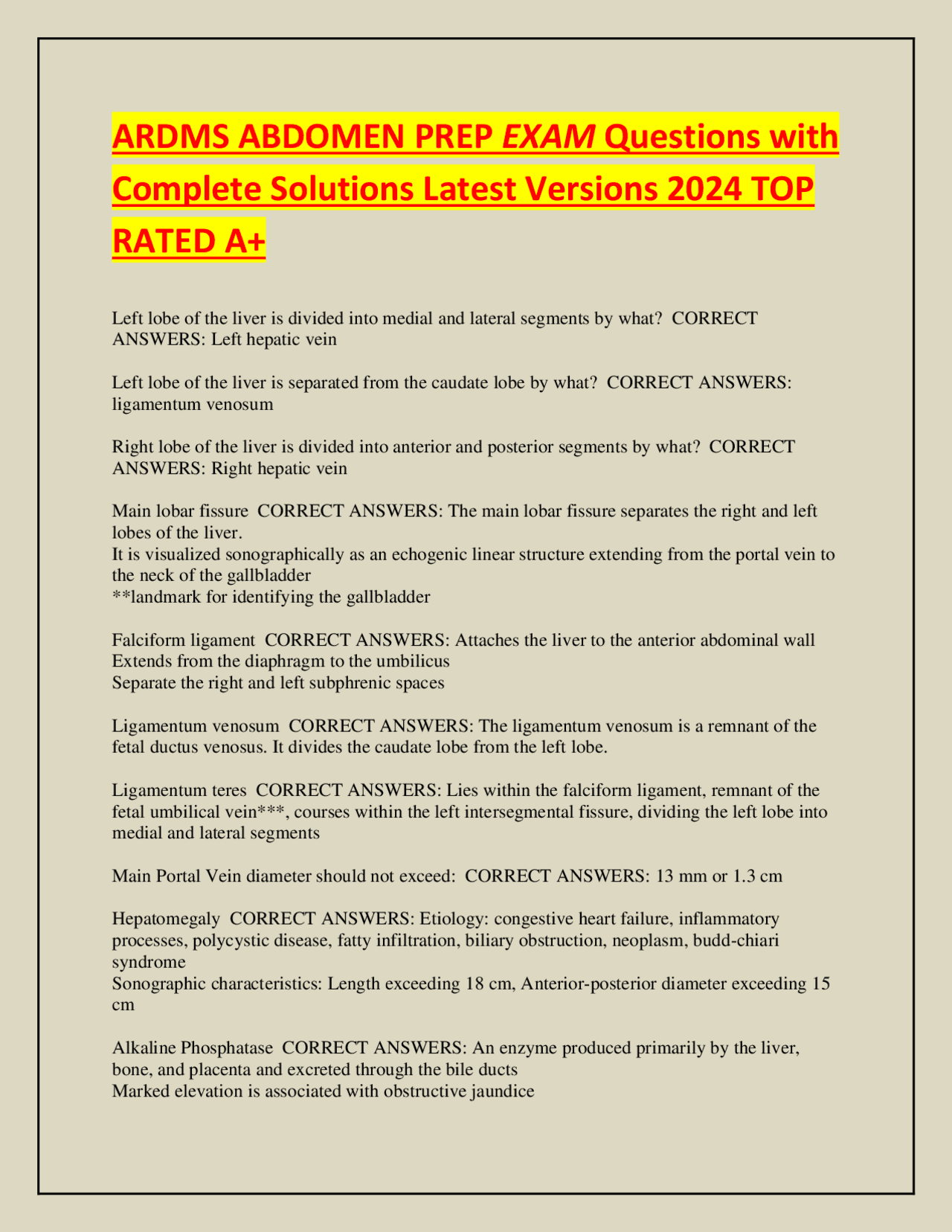 ARDMS ABDOMEN PREP EXAM Questions with Complete Solutions Latest ...