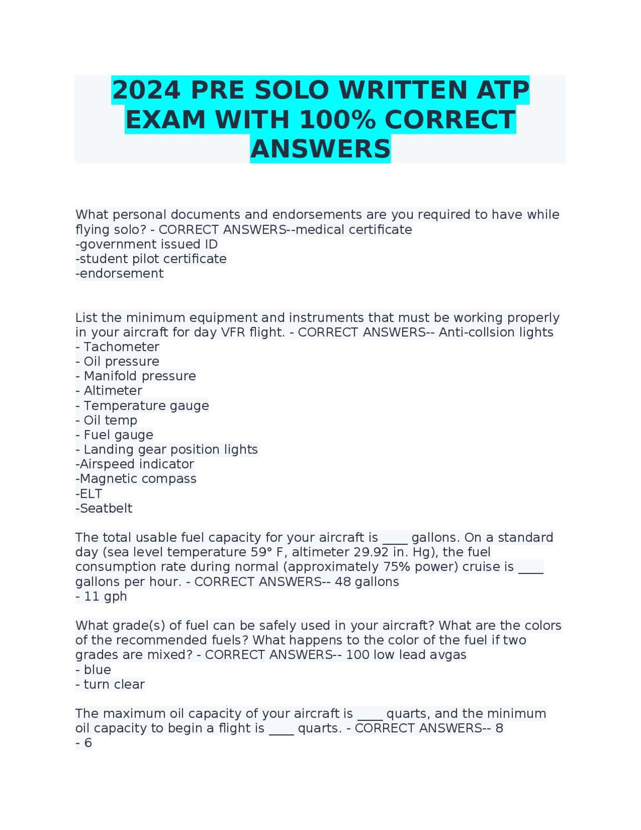 2024 PRE SOLO WRITTEN ATP EXAM WITH 100% CORRECT ANSWERS | Exams ...