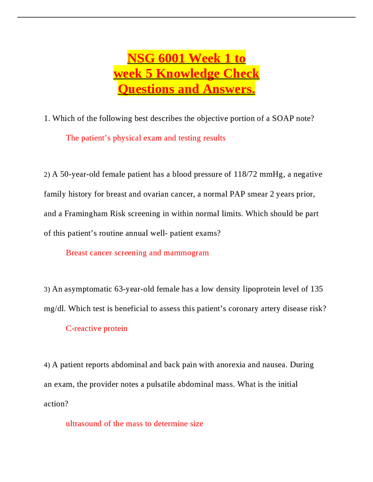 NSG 6001 Week 1 to week 5 Knowledge Check Questions and Answers ...