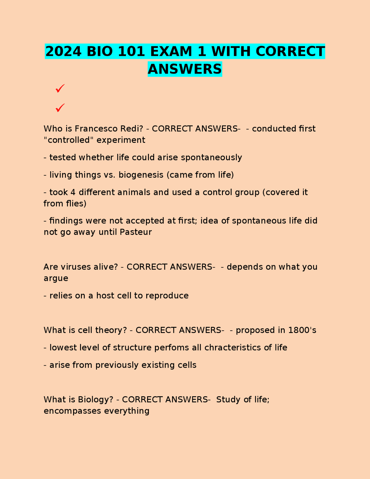 2024 BIO 101 EXAM 1 WITH CORRECT ANSWERS | Exams Advanced Education ...
