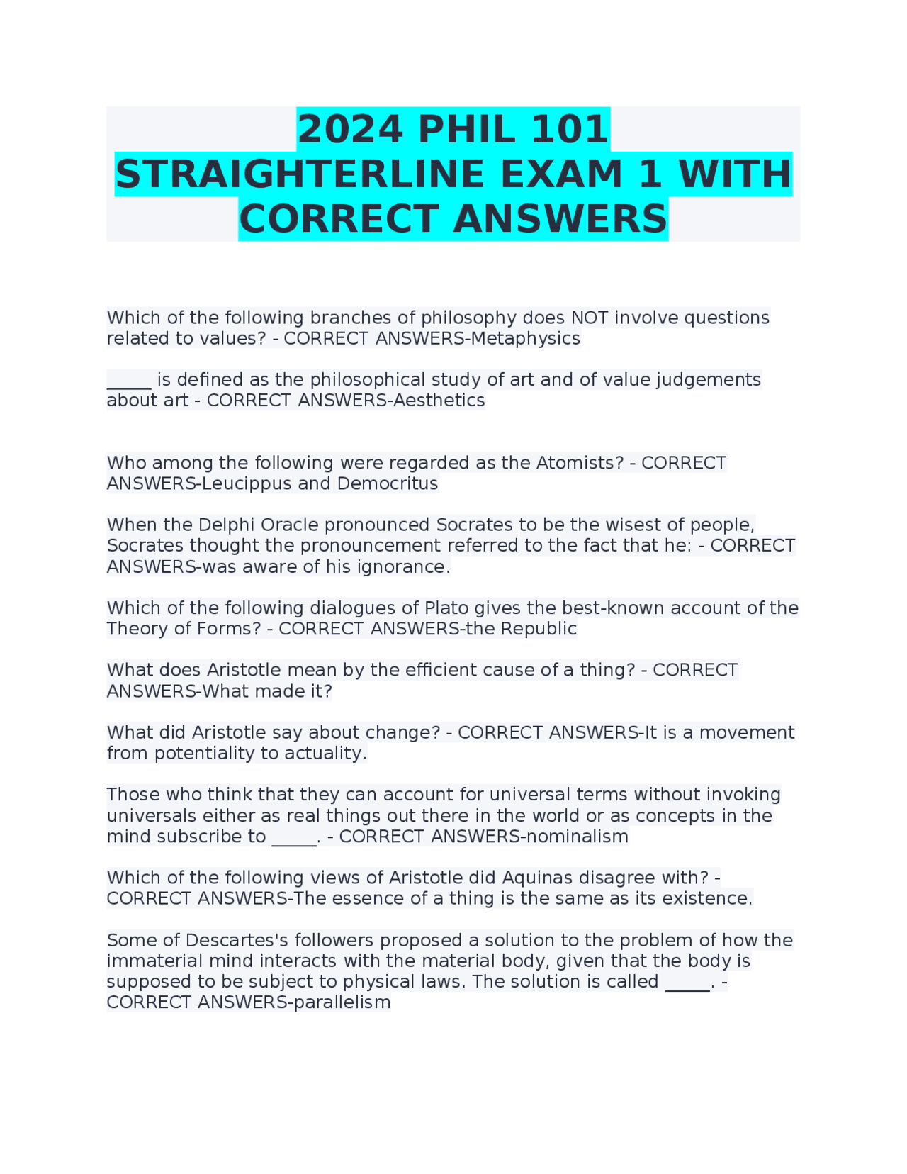 2024 PHIL 101 STRAIGHTERLINE EXAM 1 WITH CORRECT ANSWERS | Exams ...