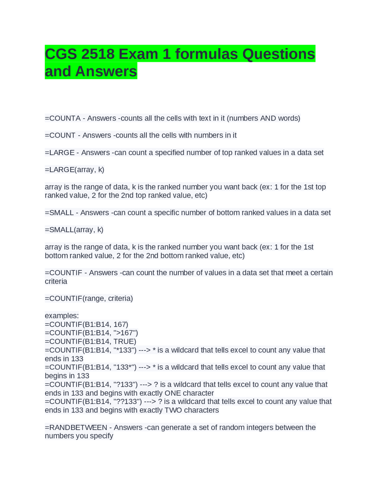 CGS 2518 Exam 1 formulas Questions and Answers | Exams Advanced ...