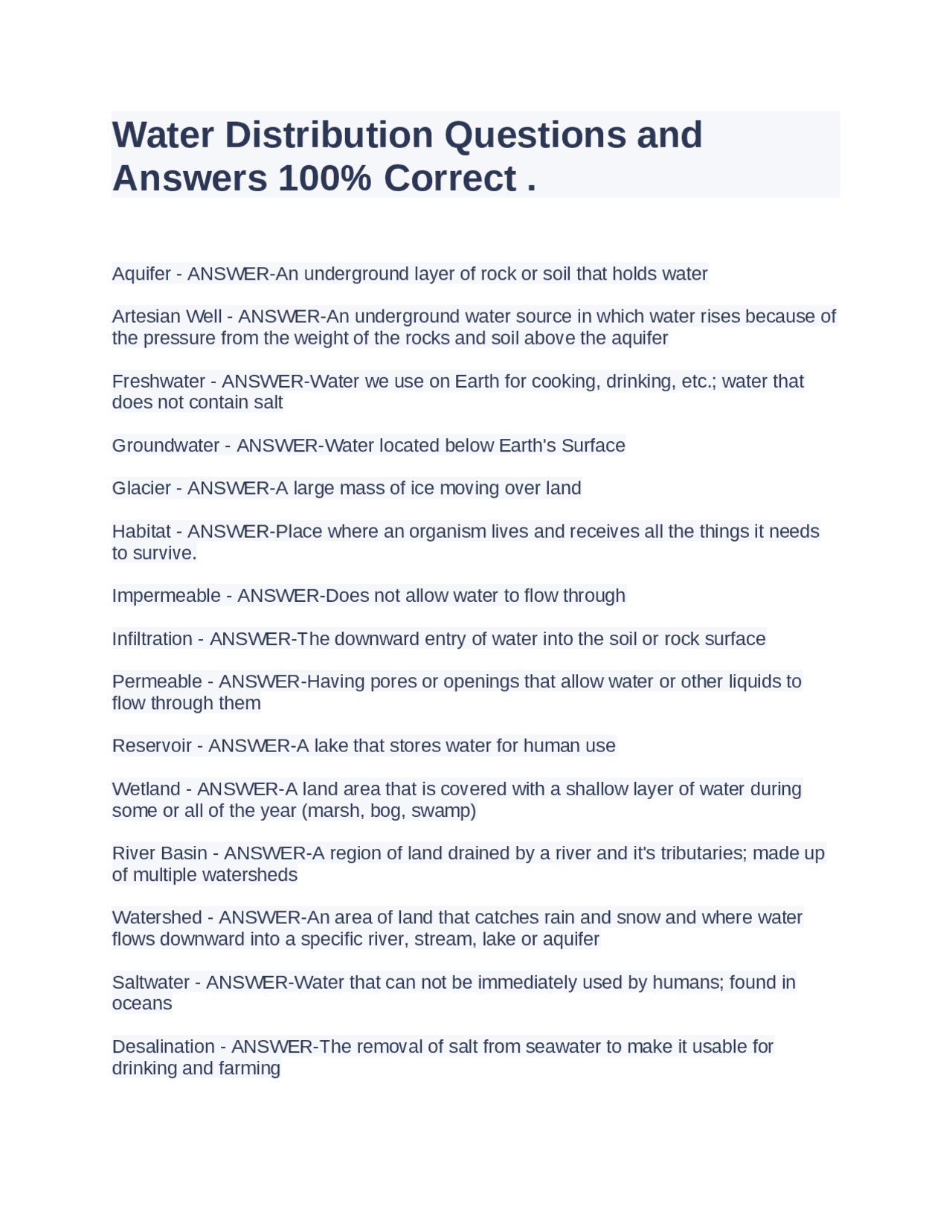 Water Distribution Questions and Answers 100% Correct . | Exams Water ...
