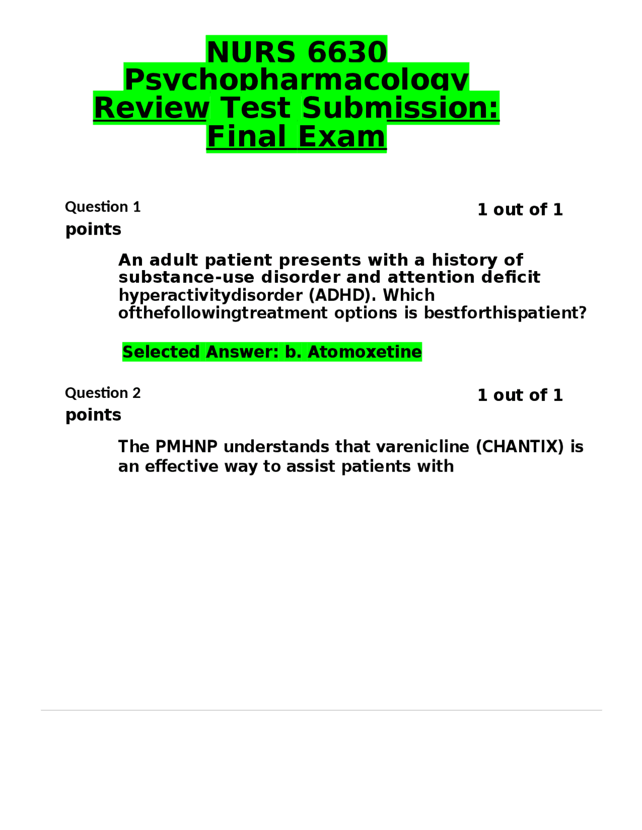 NURS 6630 Psychopharmacology Review Test Submission: Final Exam | Exams ...