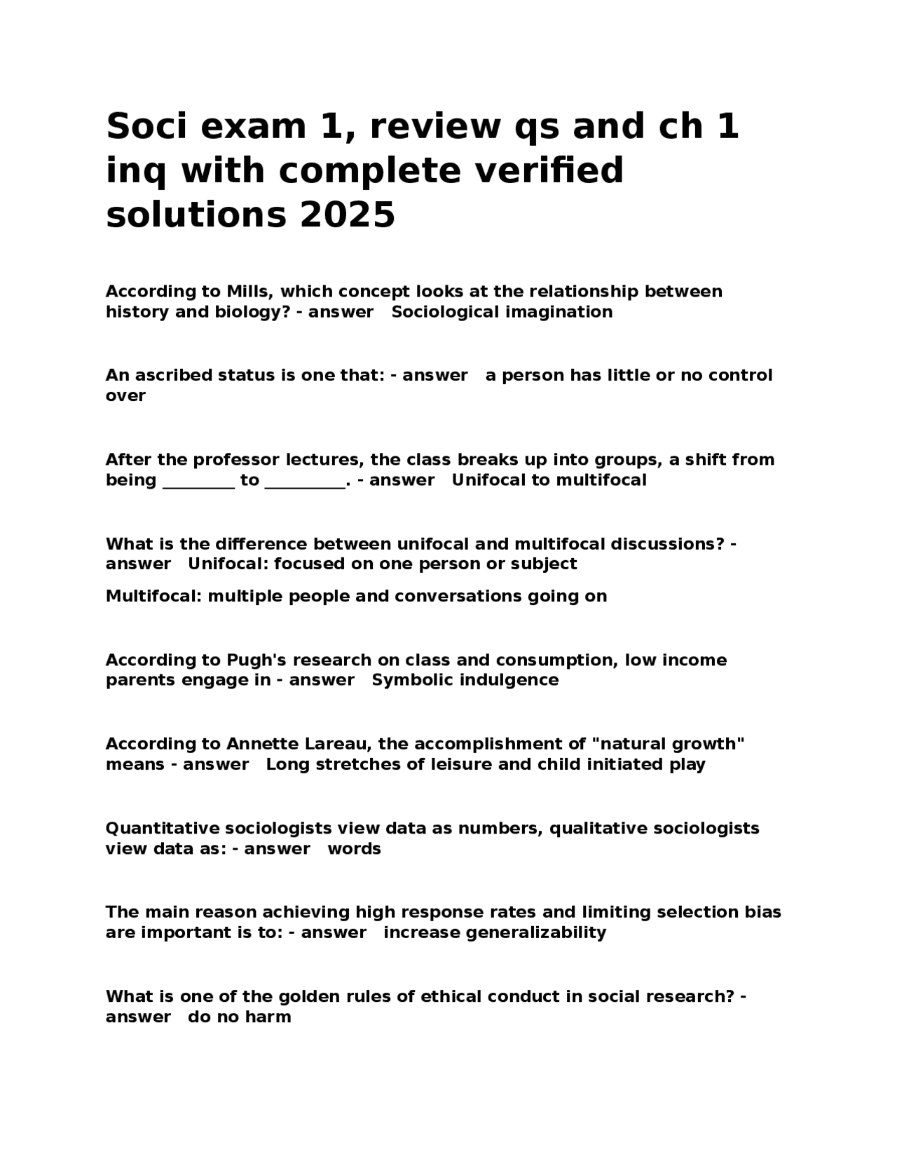 Soci exam 1, review qs and ch 1 inq with complete verified solutions ...