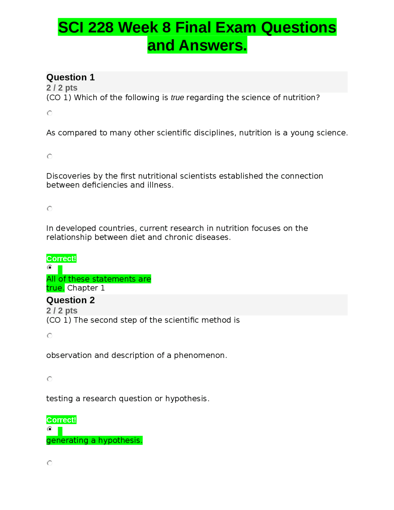 SCI 228 Week 8 Final Exam Questions and Answers. | Exams Biology | Docsity