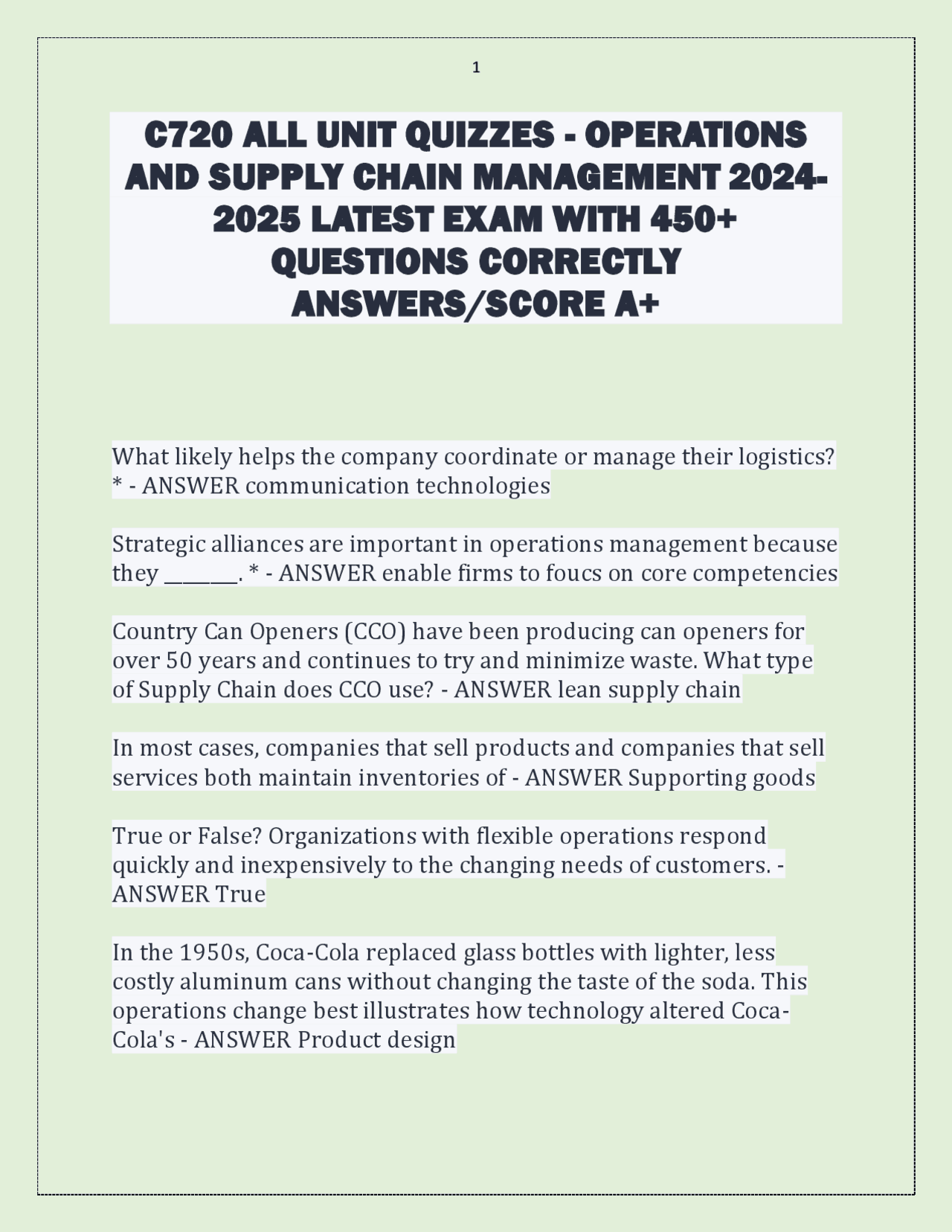 C720 ALL UNIT QUIZZES - OPERATIONS AND SUPPLY CHAIN MANAGEMENT 2024 ...