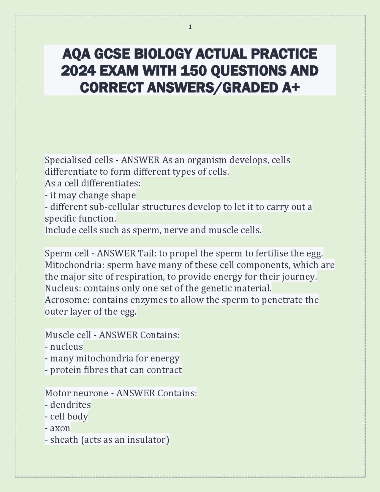 AQA GCSE BIOLOGY ACTUAL PRACTICE 2024 EXAM WITH 150 QUESTIONS AND ...