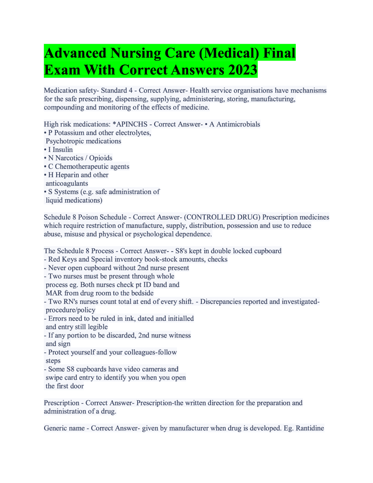 Advanced Nursing Care (Medical) Final Exam With Correct Answers 2023 ...