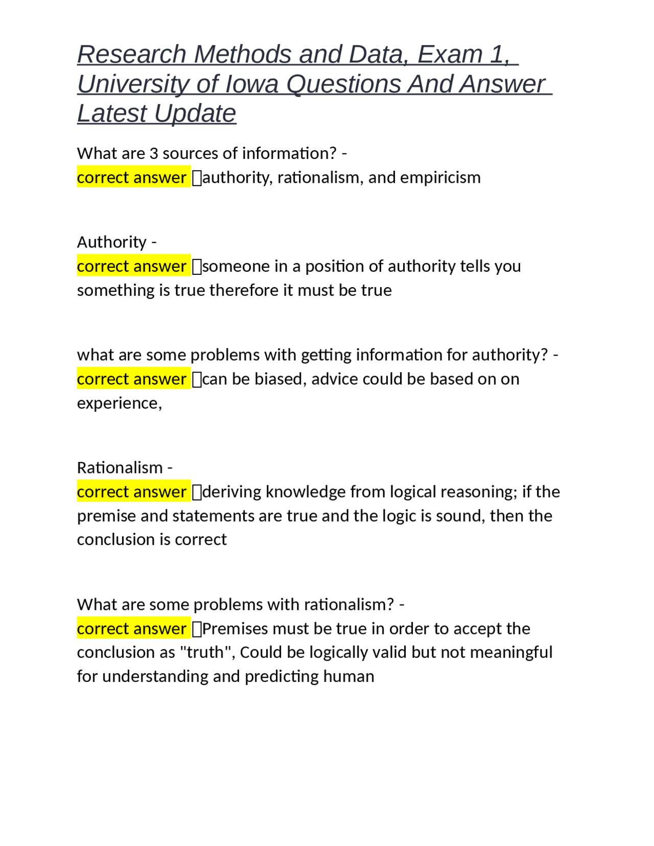 Research Methods and Data, Exam 1, University of Iowa Questions And ...