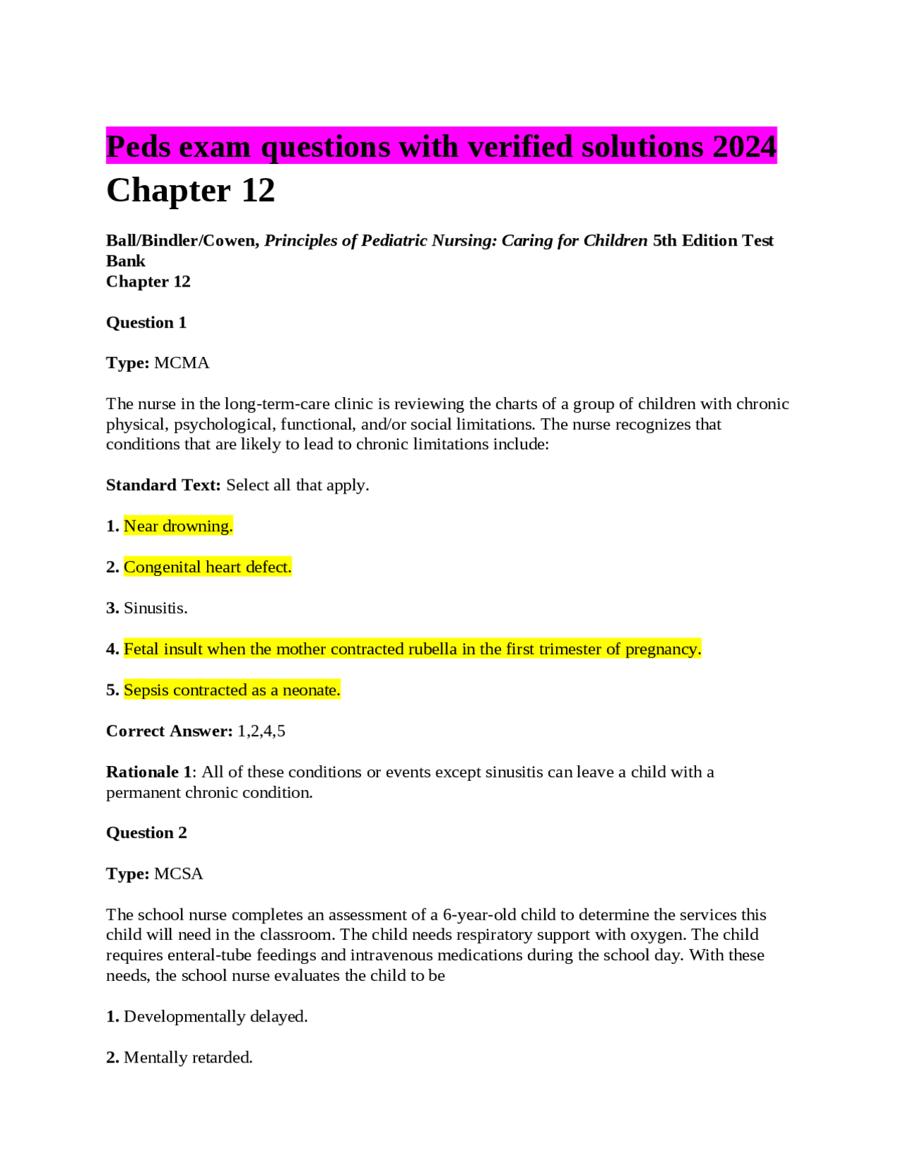 Peds exam questions with verified solutions 2024 | Exams Pediatrics ...