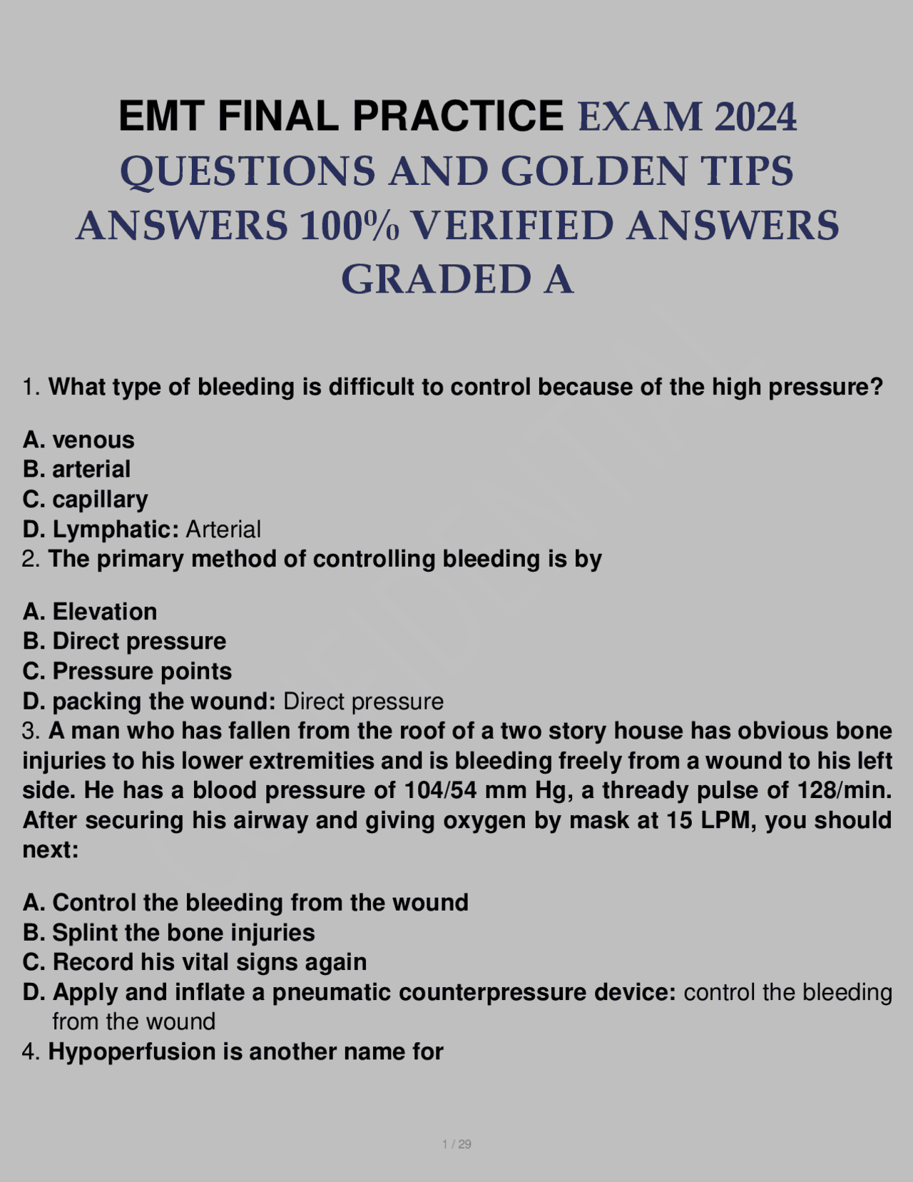 EMT FINAL PRACTICE EXAM 2024 QUESTIONS AND GOLDEN TIPS ANSWERS 100% ...