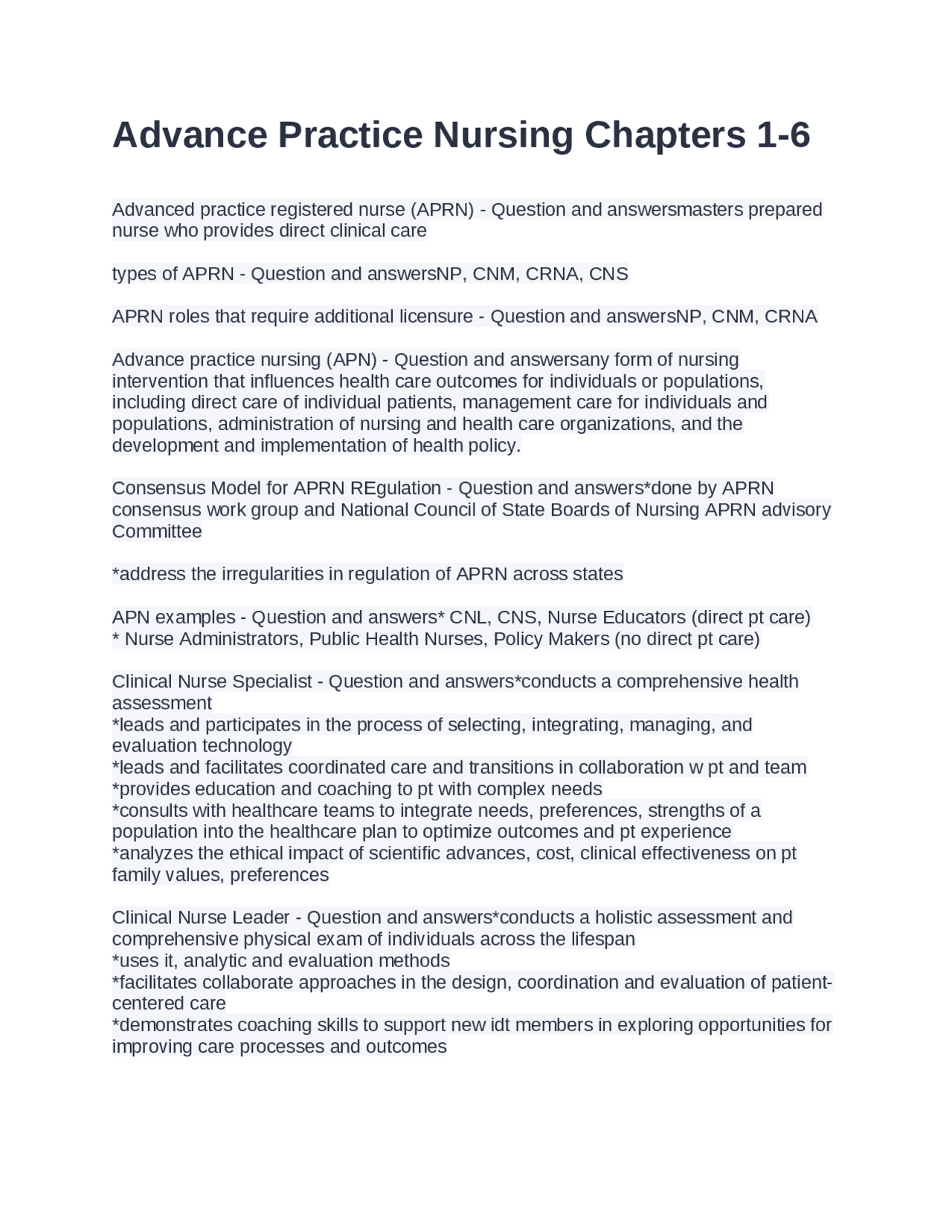 Advance Practice Nursing Chapters 1 Exam Questions and Answers | Exams ...