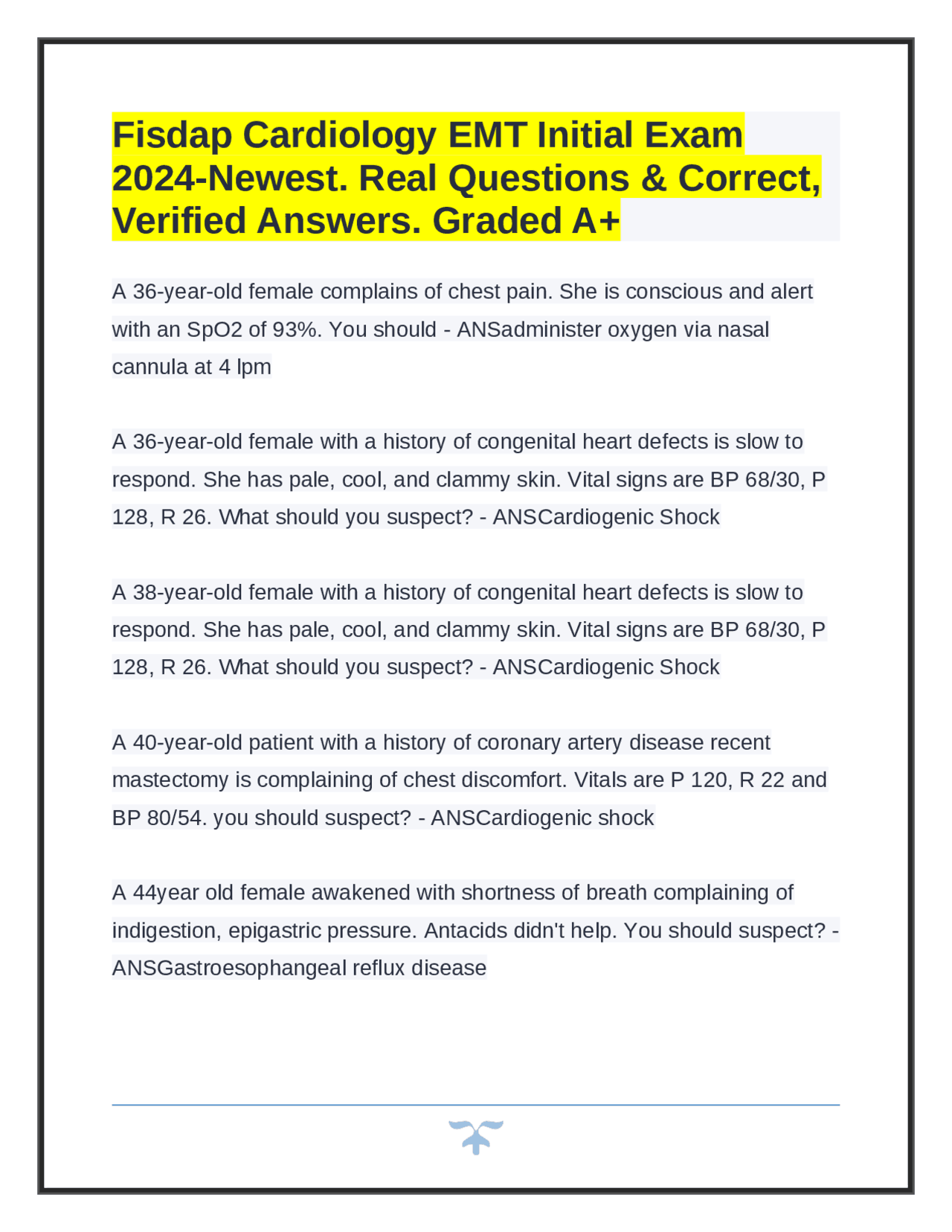 Fisdap Cardiology Emt Initial Exam 2024 Newest Real Questions