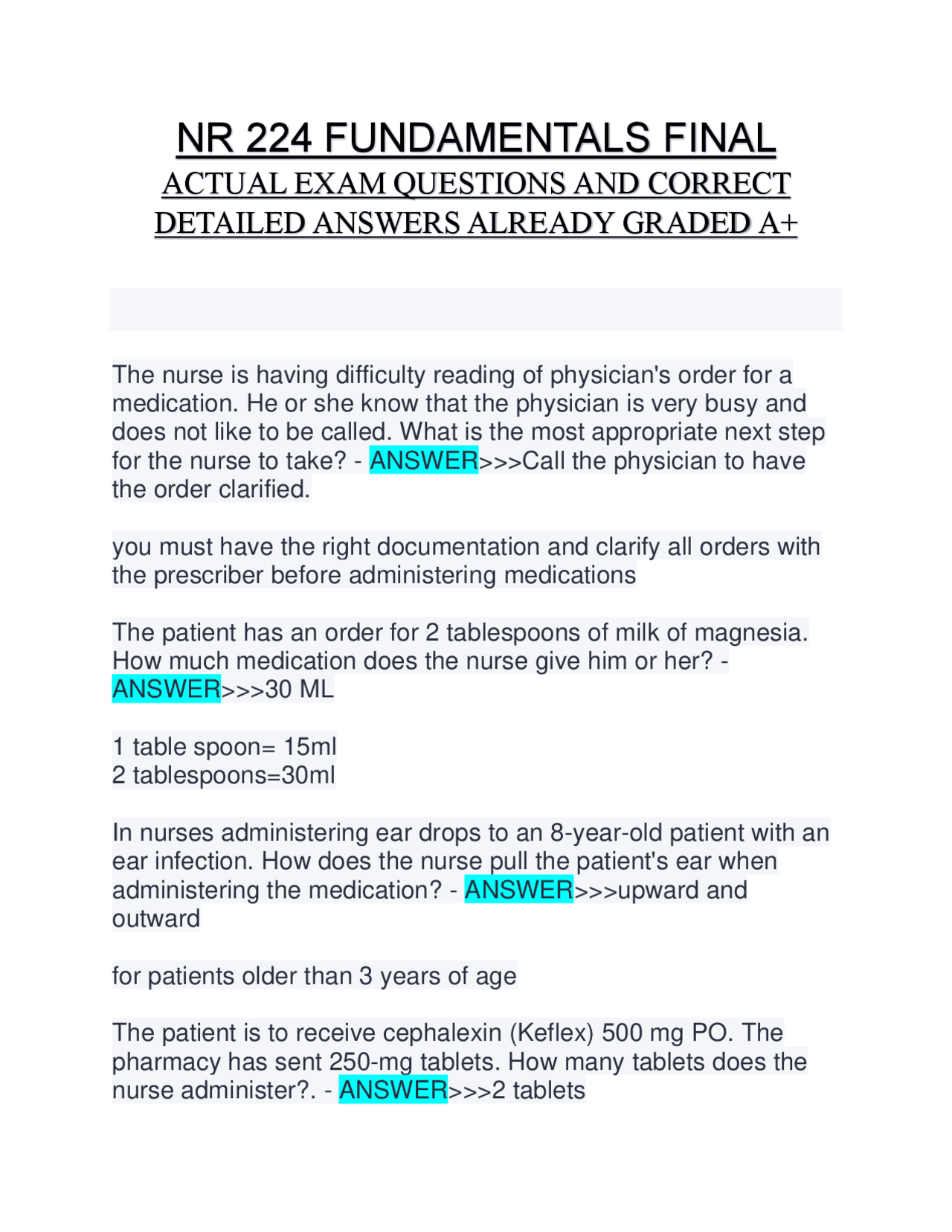 NR 224 FUNDAMENTALS FINAL ACTUAL EXAM QUESTIONS AND CORRECT DETAILED ...