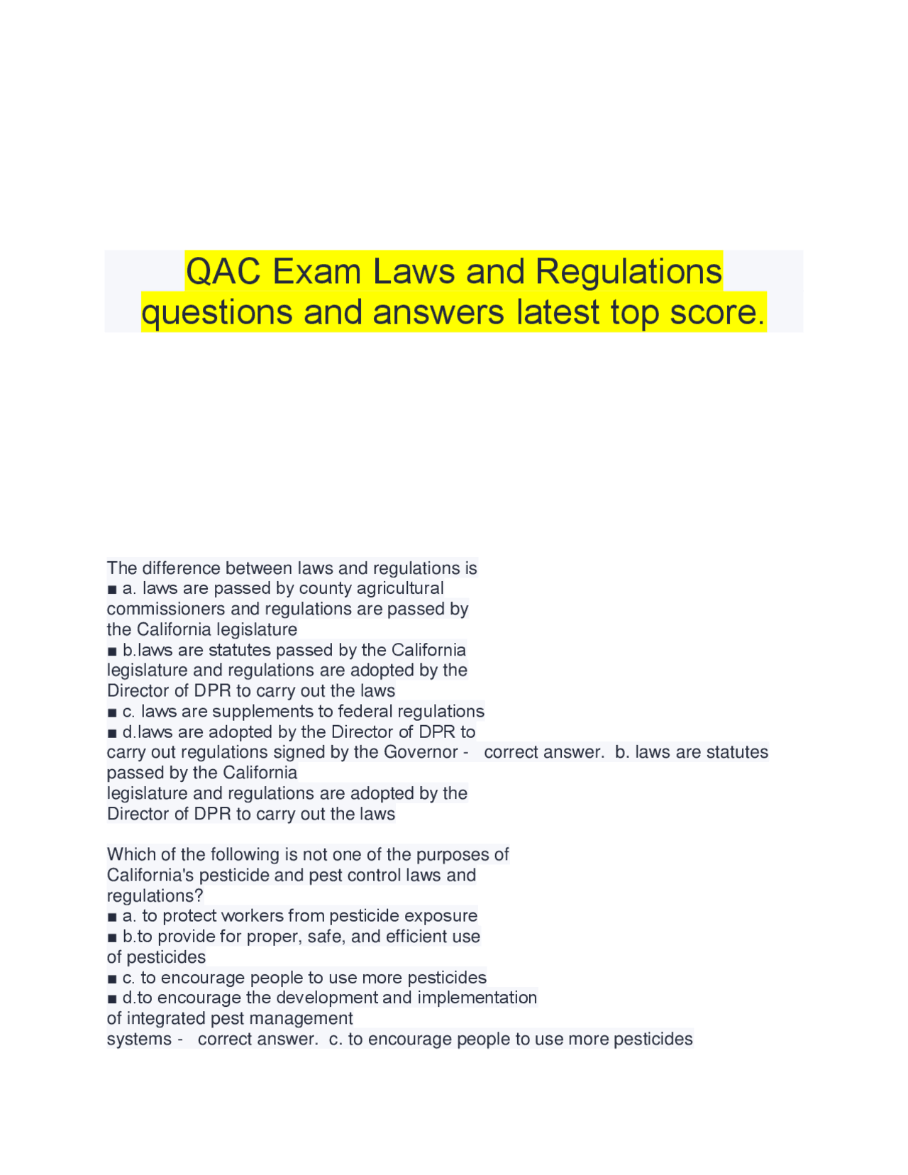 Sample Regulation Question QAC Exam Laws and Regulations: Multiple Choice Questions and Answers ...
