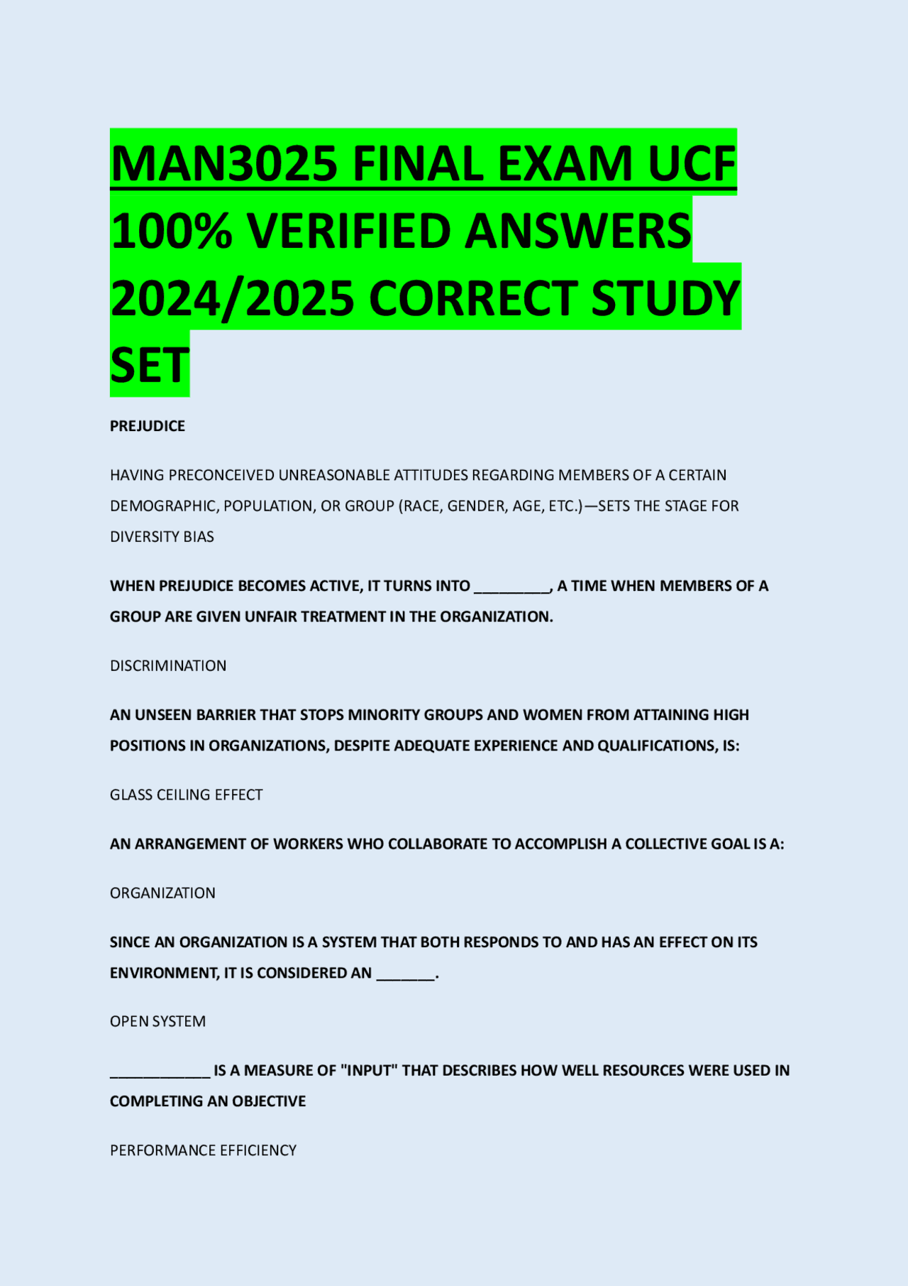 MAN3025 FINAL EXAM UCF 100% VERIFIED ANSWERS 2024/2025 CORRECT STUDY SET | Exams Law | Docsity