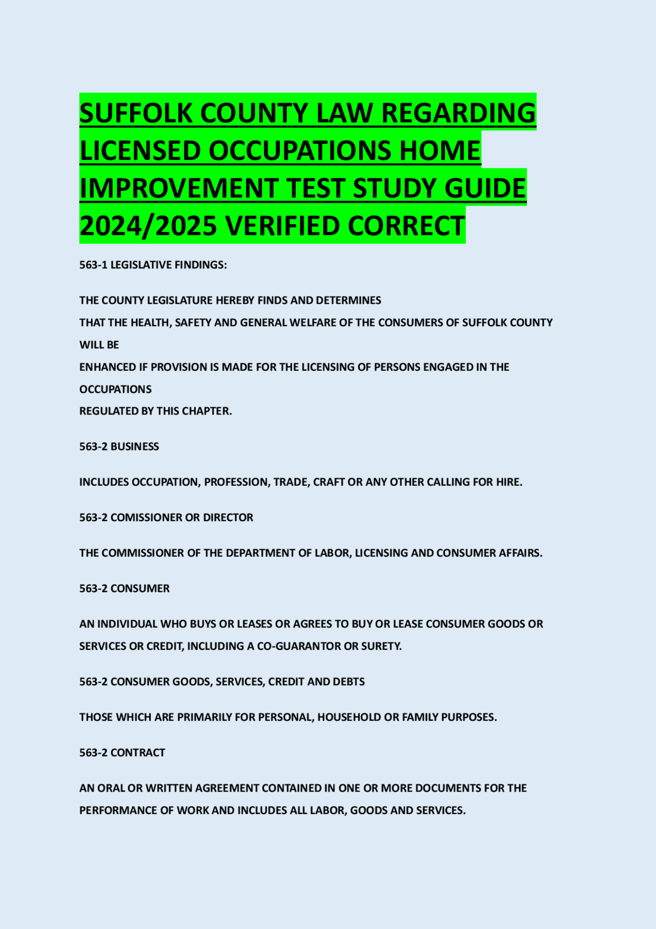 SUFFOLK COUNTY LAW REGARDING LICENSED OCCUPATIONS HOME IMPROVEMENT TEST STUDY GUIDE 2025 | Exams ...