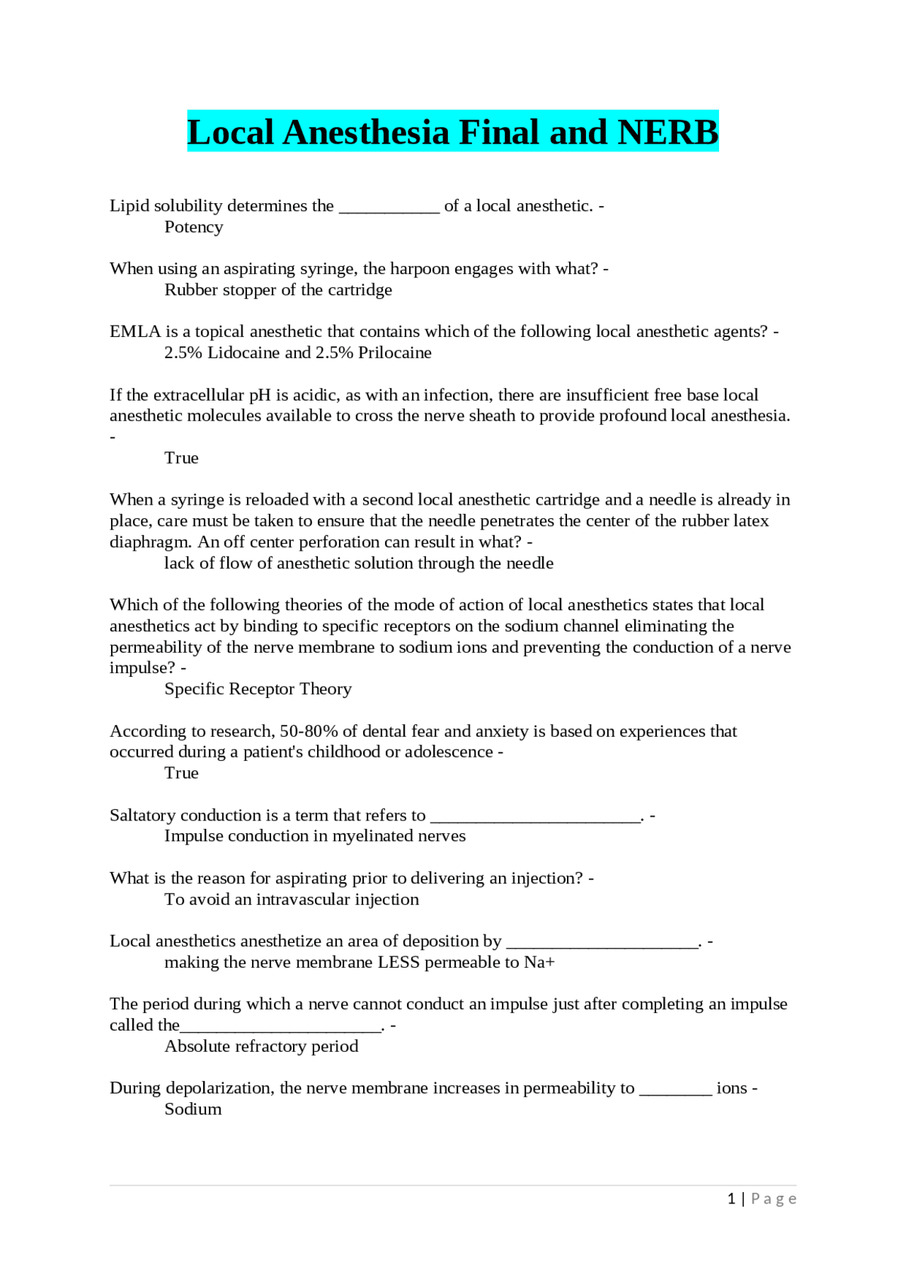 Local Anesthesia Final and NERB | Exams Dentistry | Docsity