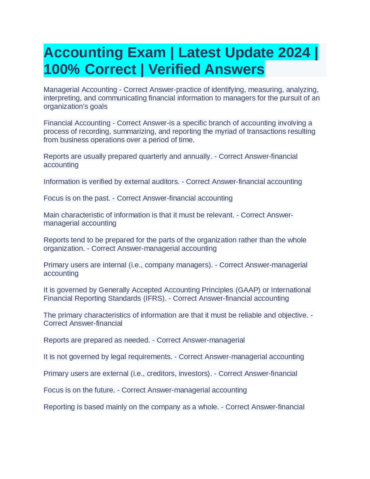 Accounting Exam | Latest Update 2024 | 100% Correct | Verified Answers ...