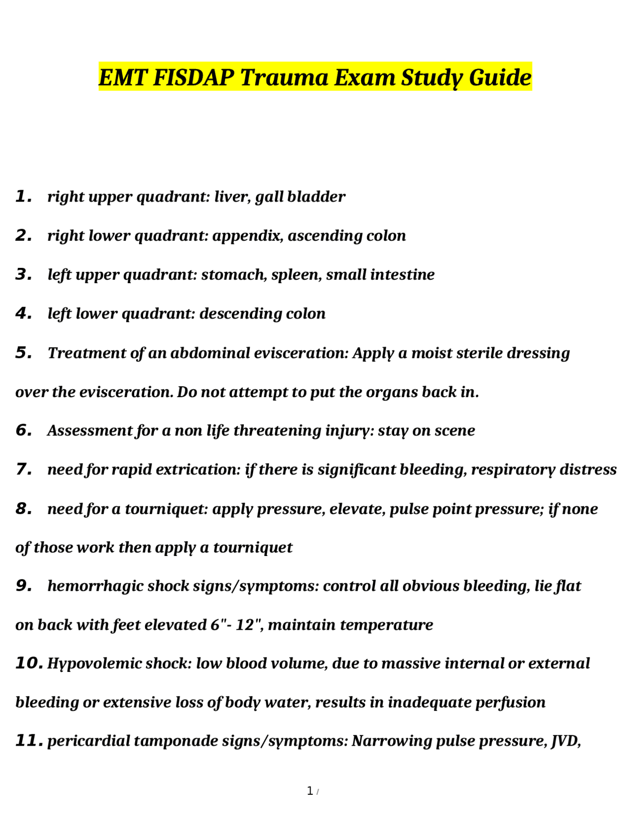 EMT FISDAP Trauma Exam Study Guide questions verified with 100% correct ...