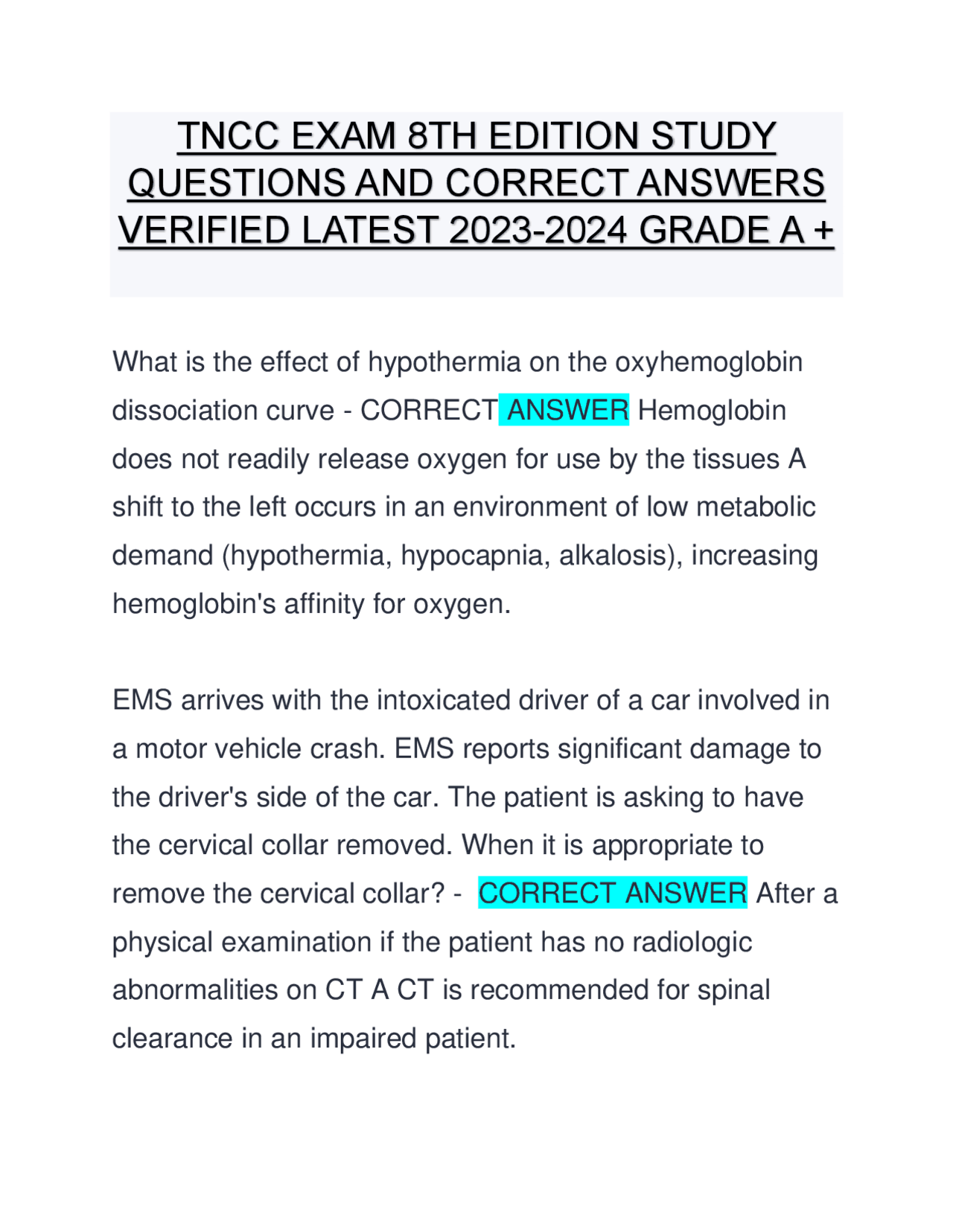 Tncc Questions TNCC EXAM 8TH EDITION STUDY QUESTIONS AND CORRECT ANSWERS | Exams ...