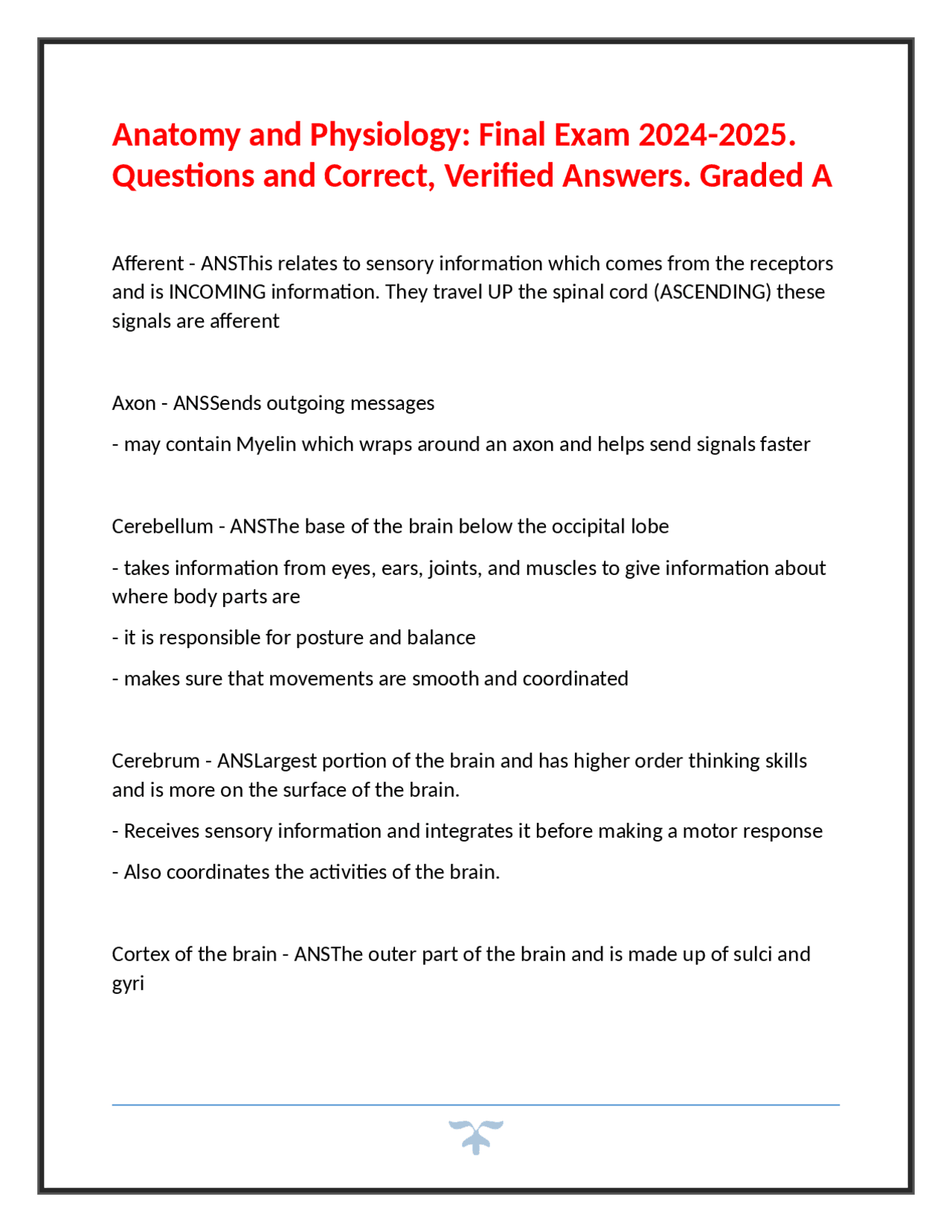 Anatomy and Physiology: Final Exam 2024-2025. Questions and Correct ...