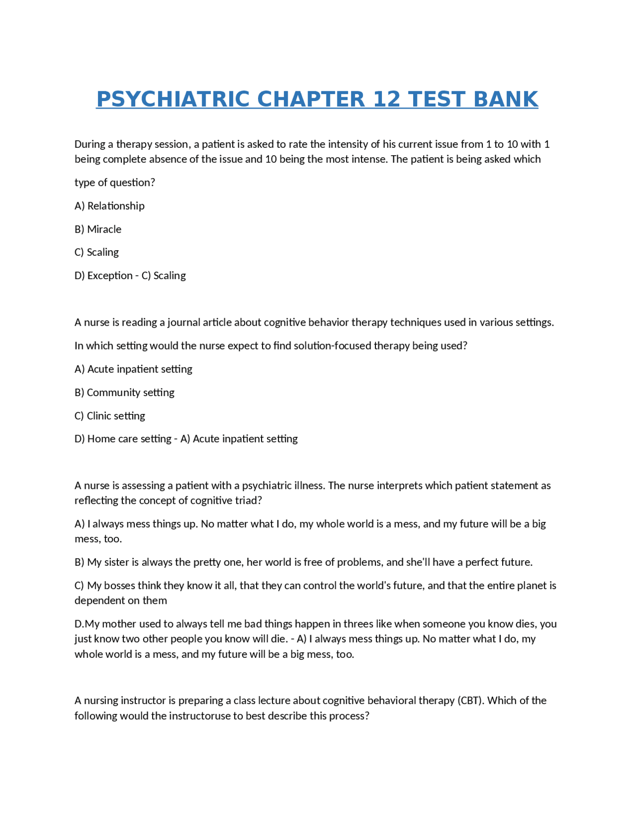 Psychiatric Chapter 12 Test Bank: Multiple Choice Questions and Answers ...